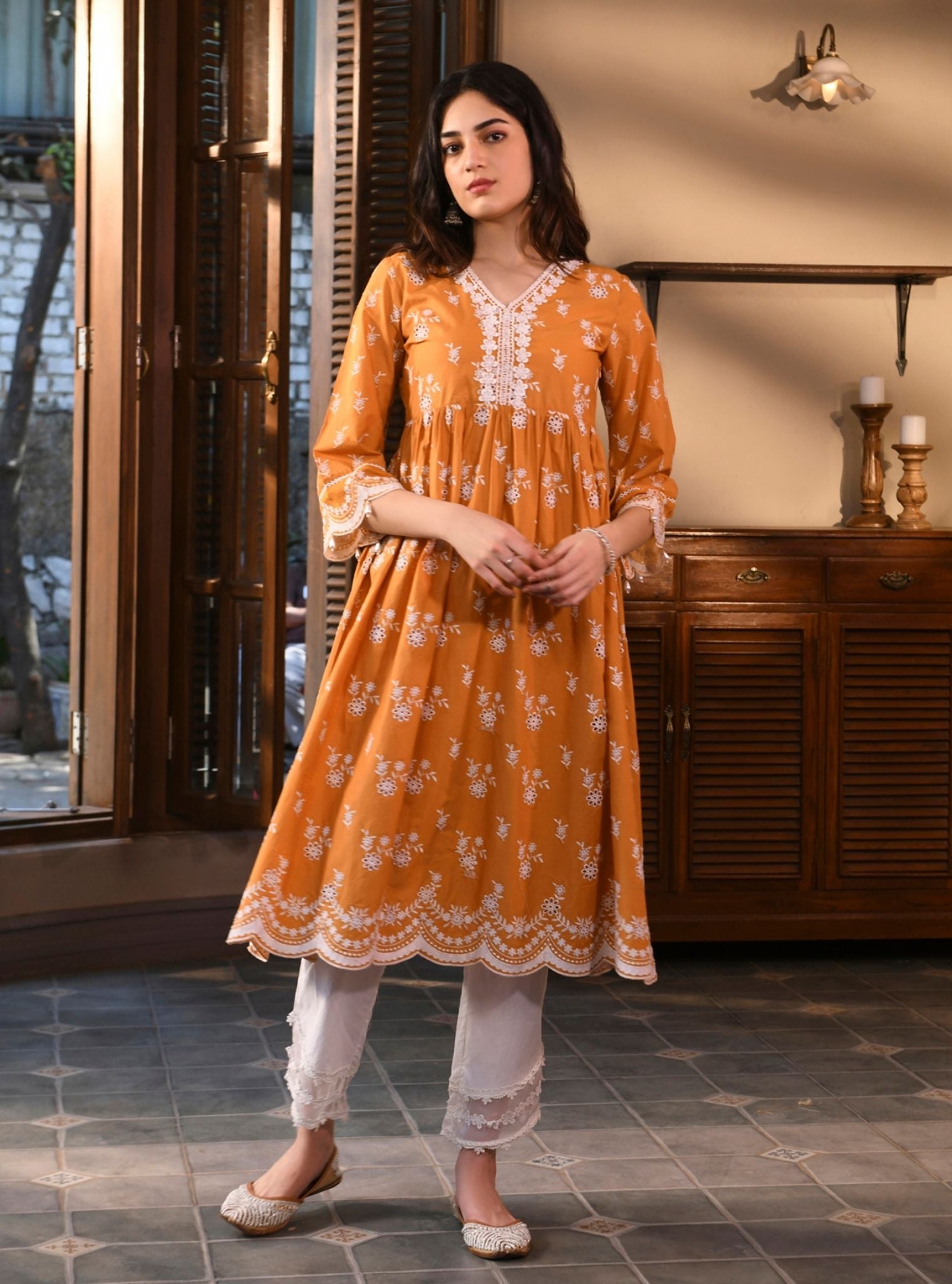 Mulmul Cotton Afarin Orange Anarkali With Mulmul Cotton Round Hem Organza Panel White Pant