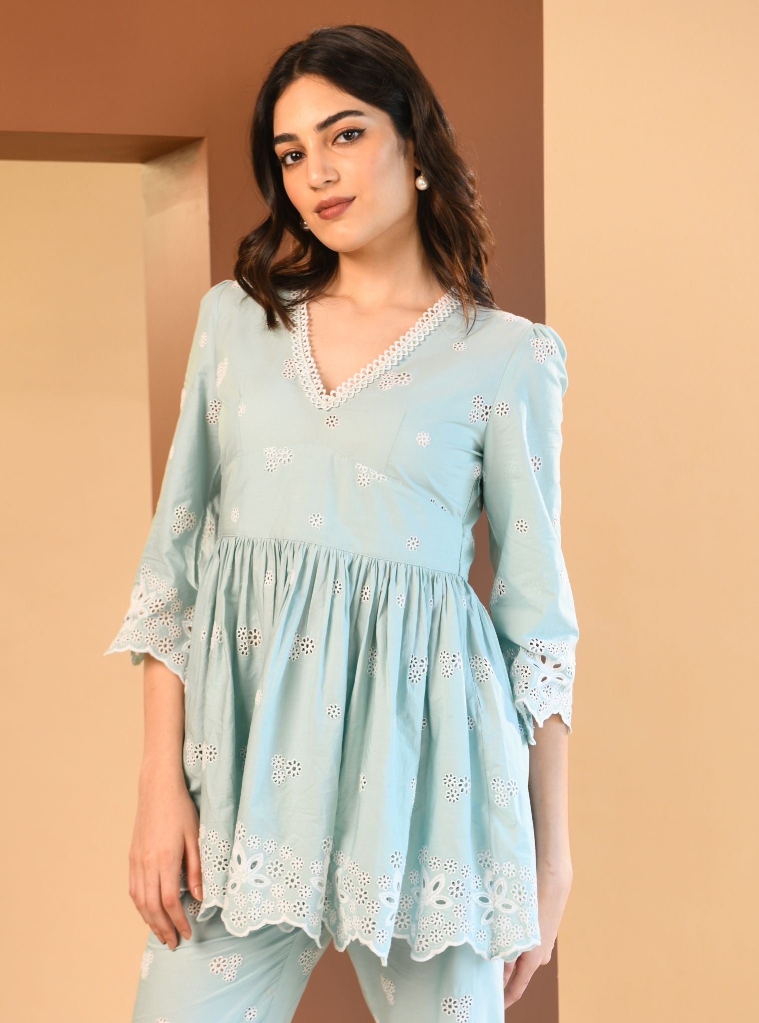 Mulmul Cotton Ayn Teal Blue Top With Mulmul Cotton Ayn Teal Blue Pant