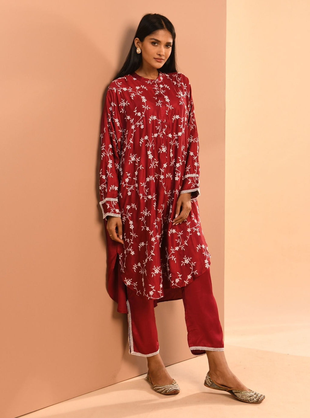 Mulmul Cupro Amara Wine Kurta
