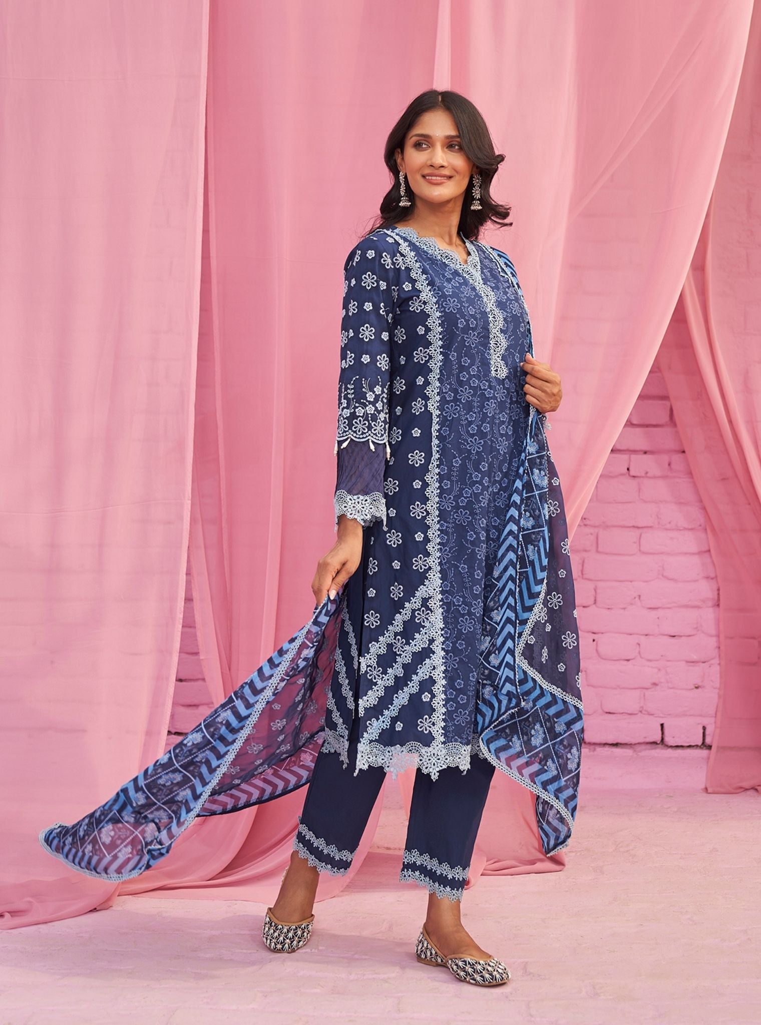 Adhira Cotton Navy Kurta Set