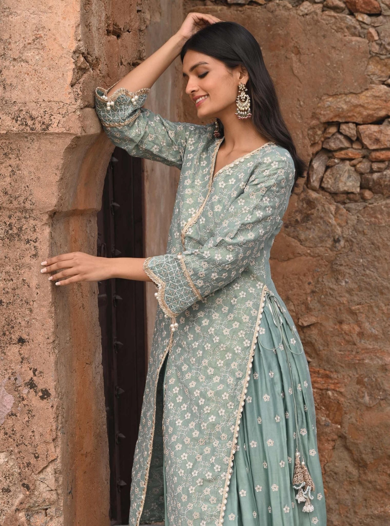 Maaeri Luxe Tissue Satin Teal Blue Kurta with Skirt Set