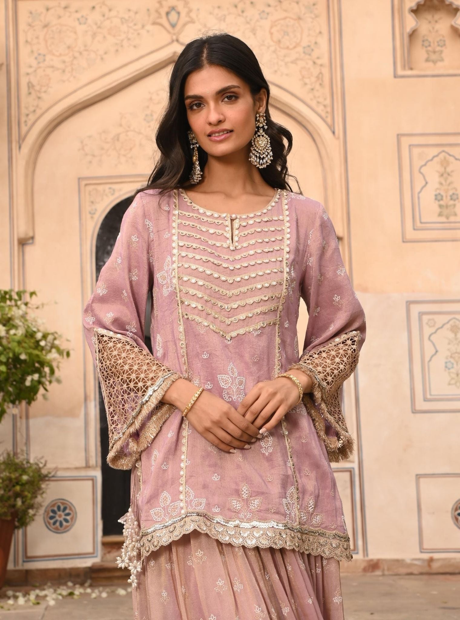 Lamhe Luxe Tissue Satin Lilac Kurta with Skirt Set