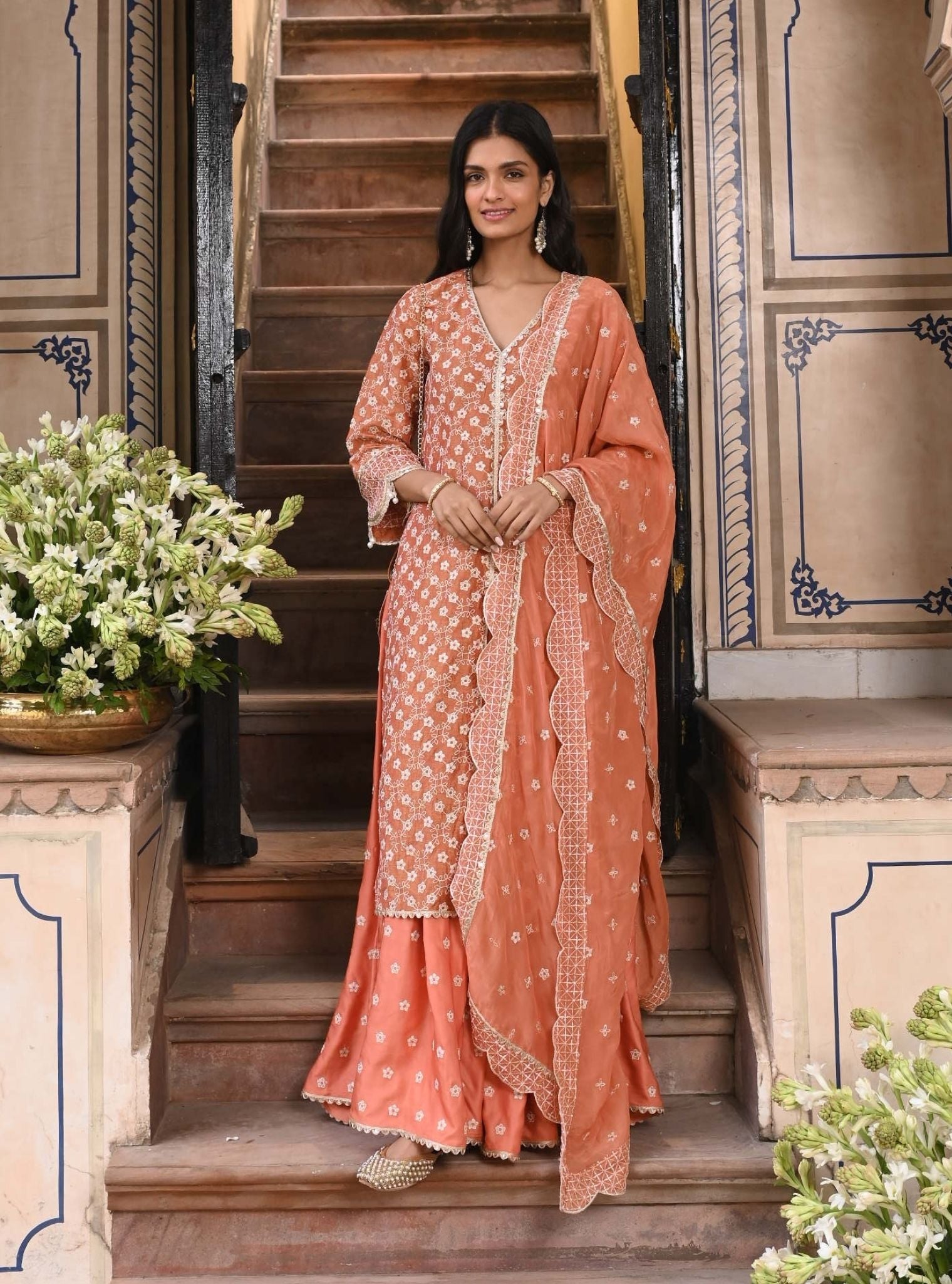 Maaeri Luxe Tissue Satin Burnt Orange Kurta with Skirt Set