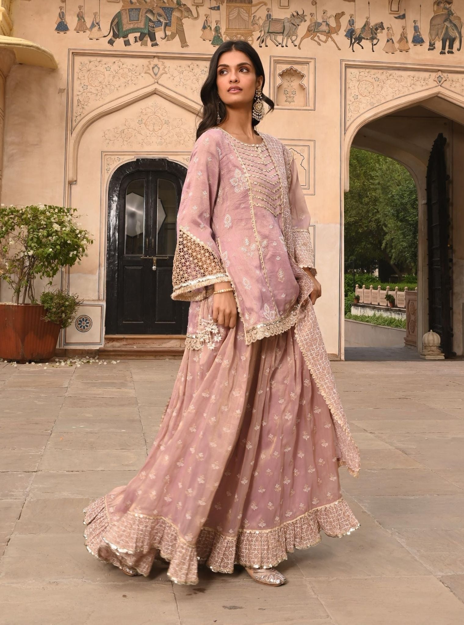 Lamhe Luxe Tissue Satin Lilac Kurta with Skirt Set