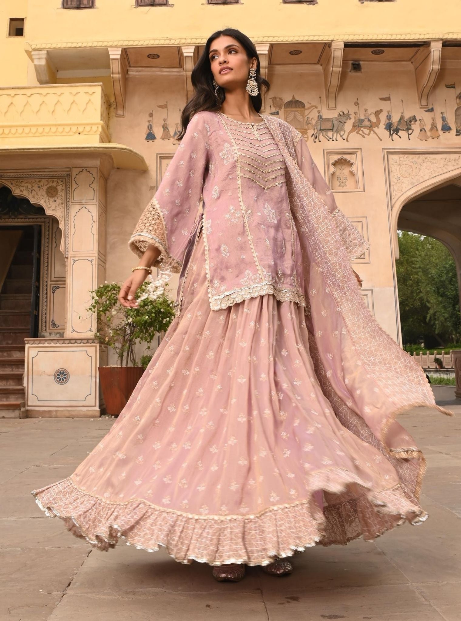 Lamhe Luxe Tissue Satin Lilac Kurta with Skirt Set