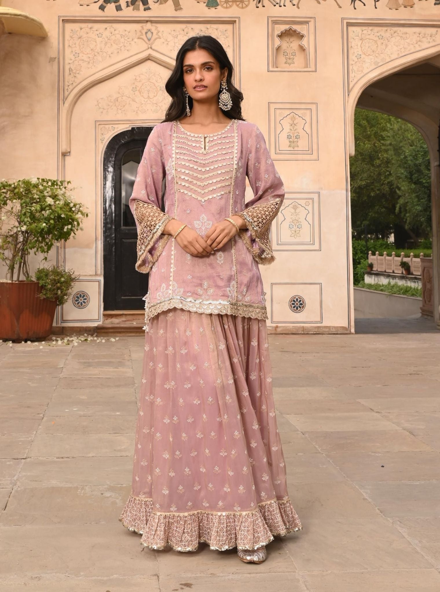 Lamhe Luxe Tissue Satin Lilac Kurta with Skirt Set