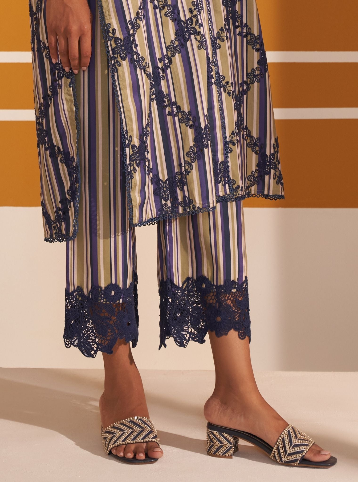 Joy Pima Satin Stripe Navy Kurta Set