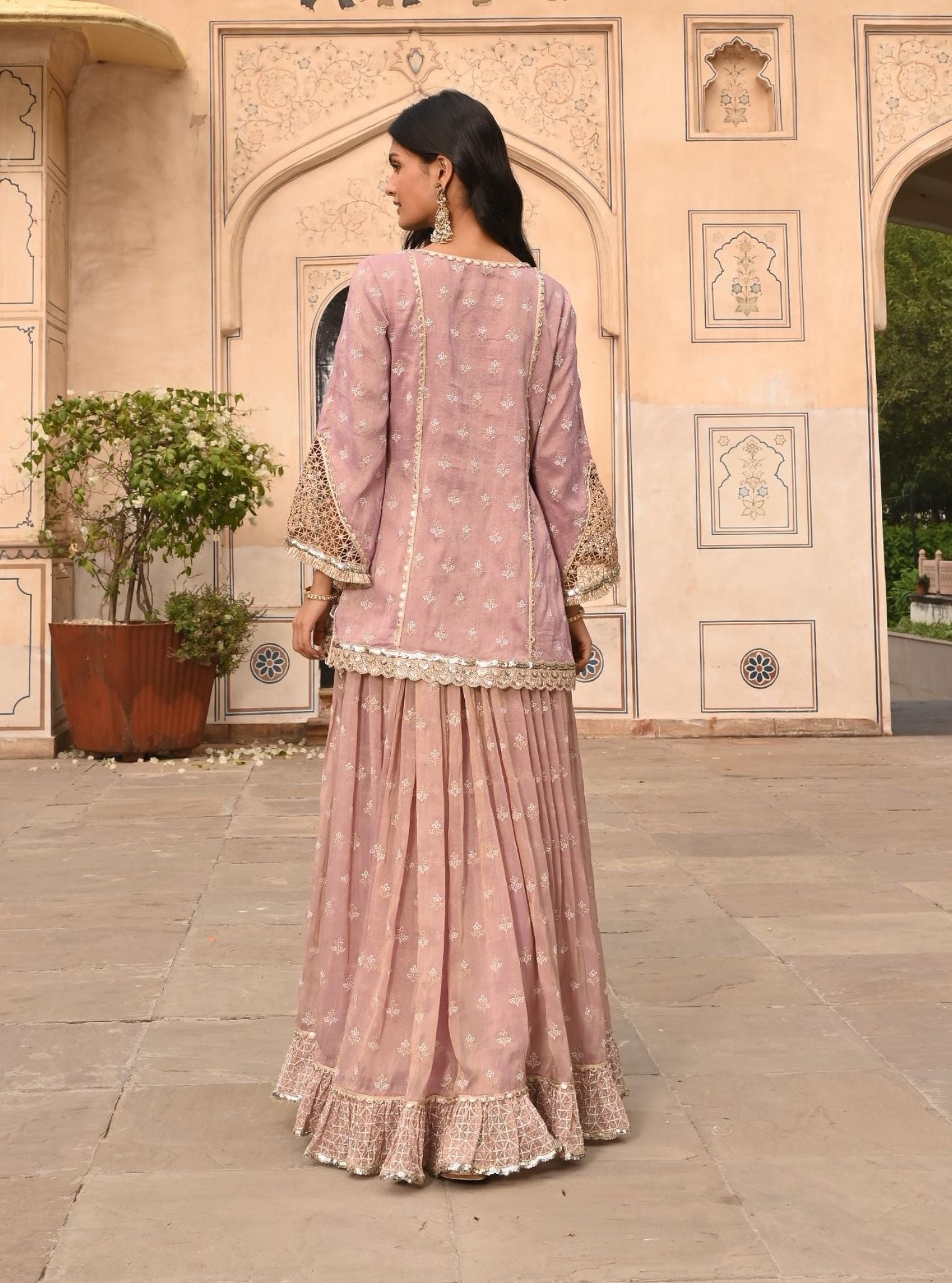 Lamhe Luxe Tissue Satin Lilac Kurta with Skirt Set