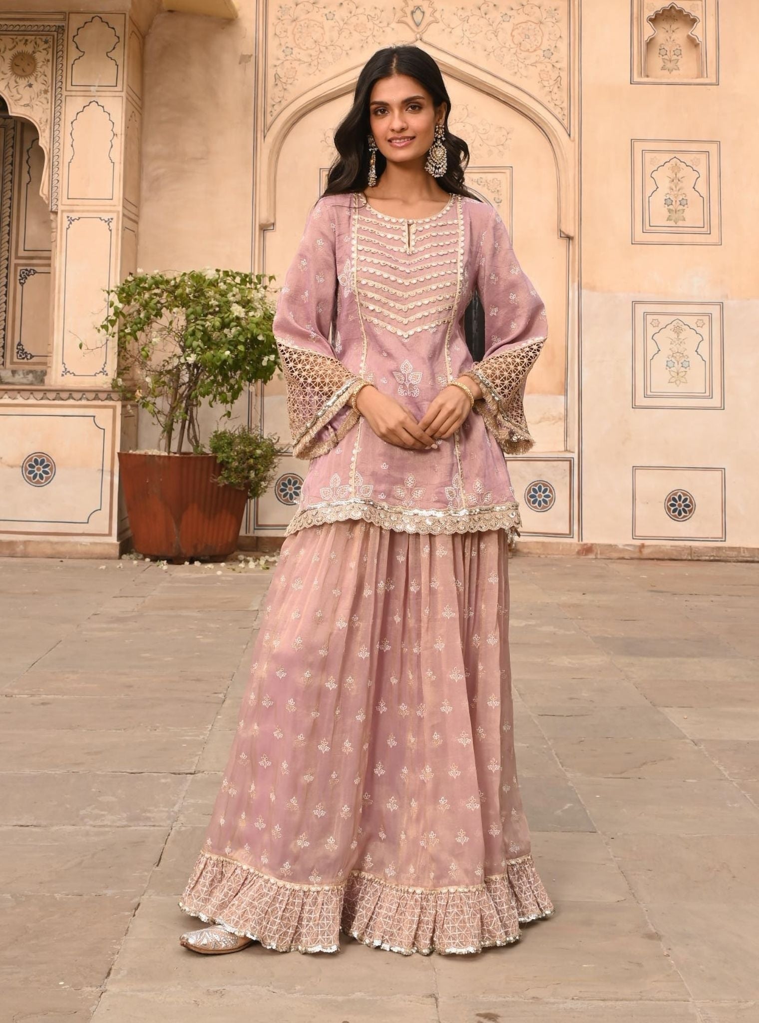 Lamhe Luxe Tissue Satin Lilac Kurta with Skirt Set