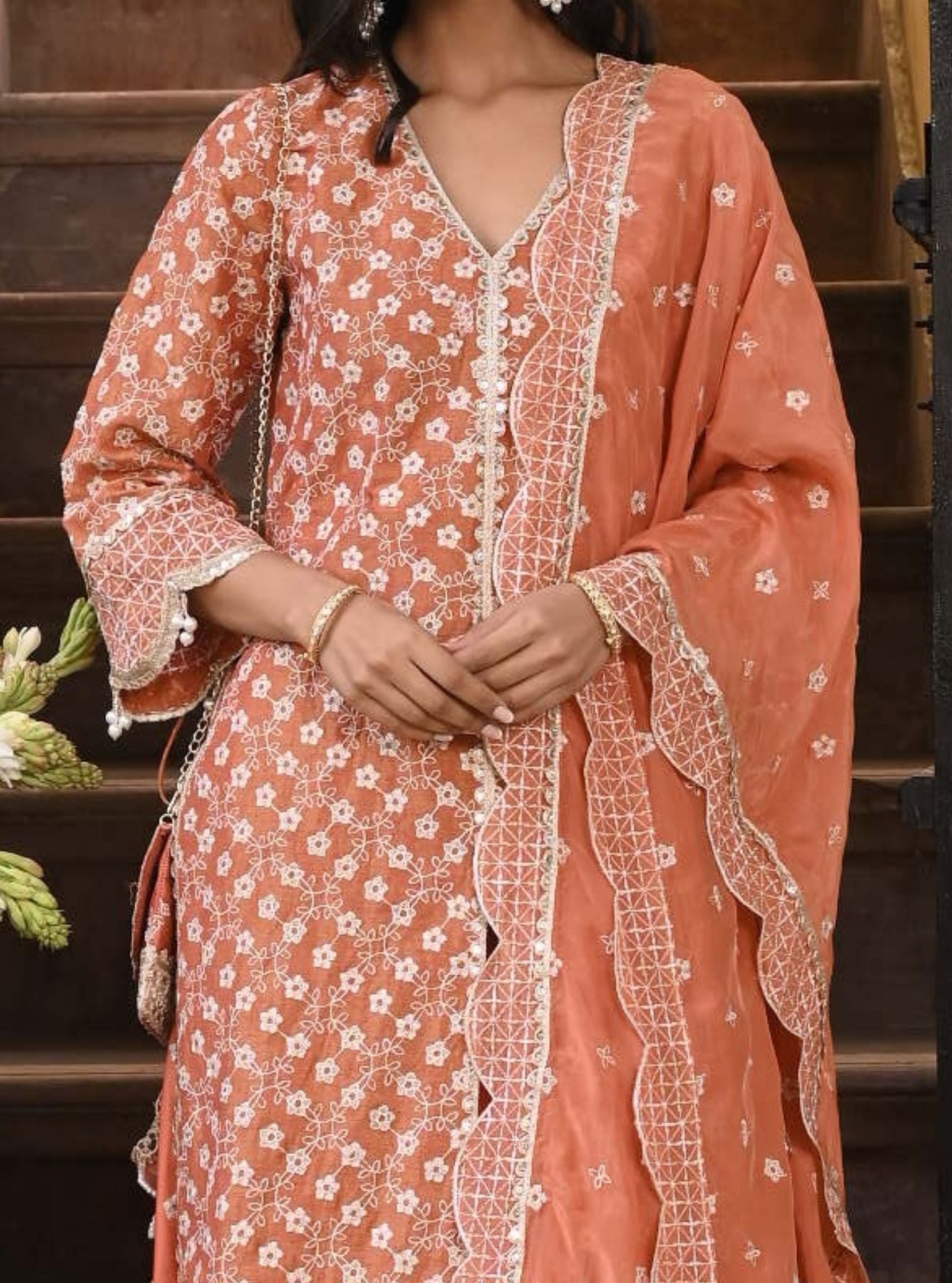 Maaeri Luxe Tissue Satin Burnt Orange Kurta with Skirt Set