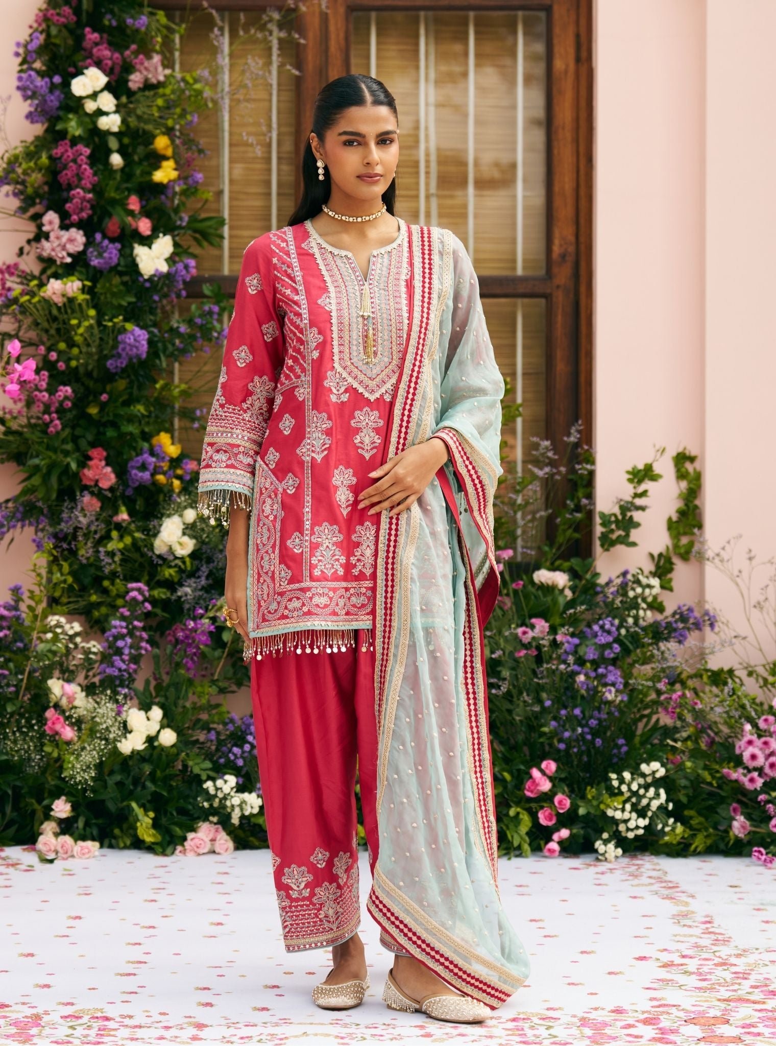 Khumari Pima Satin Red Kurta Set