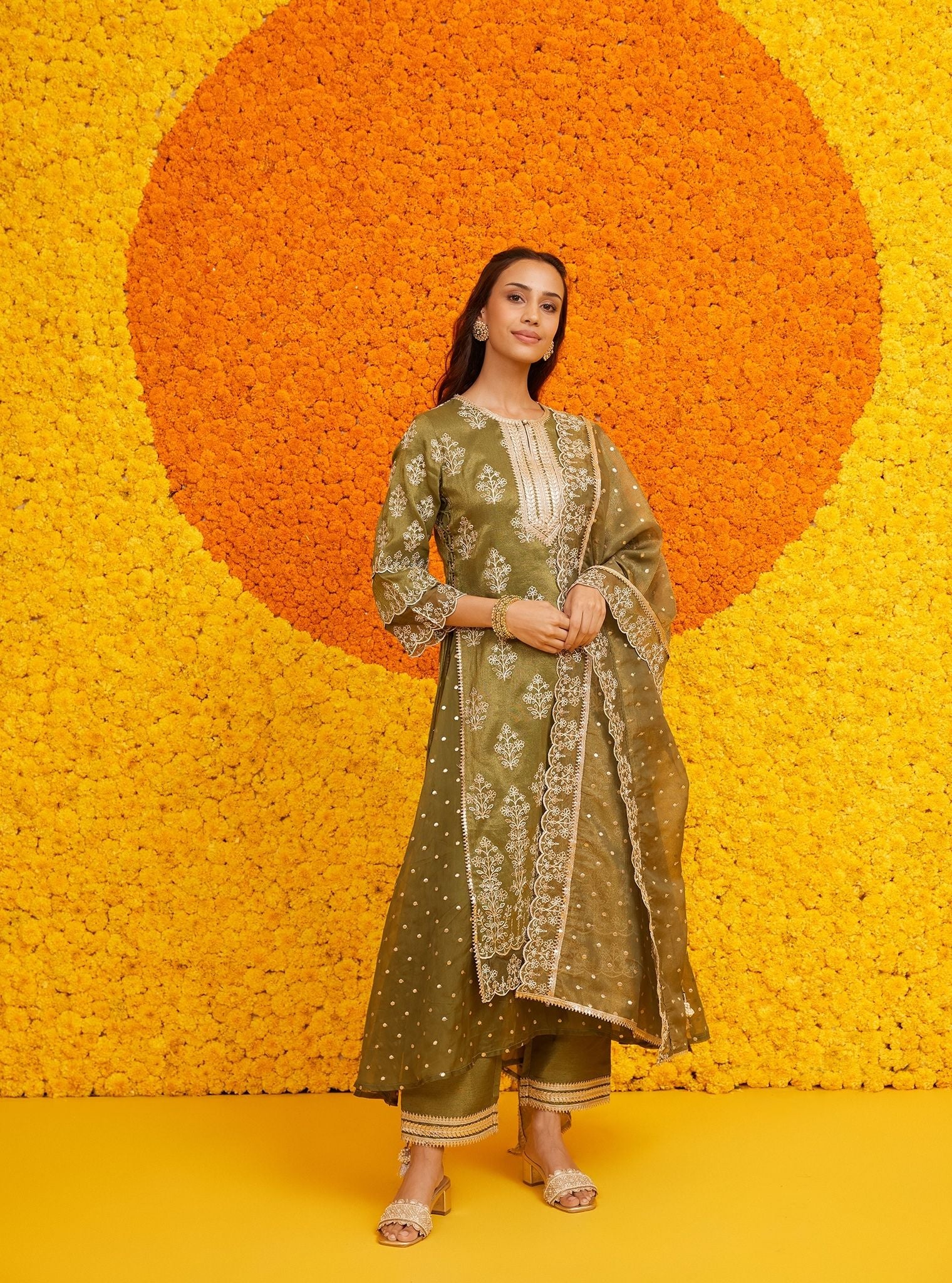 Evelina Tissue Linen Satin Moss Green Kurta Set