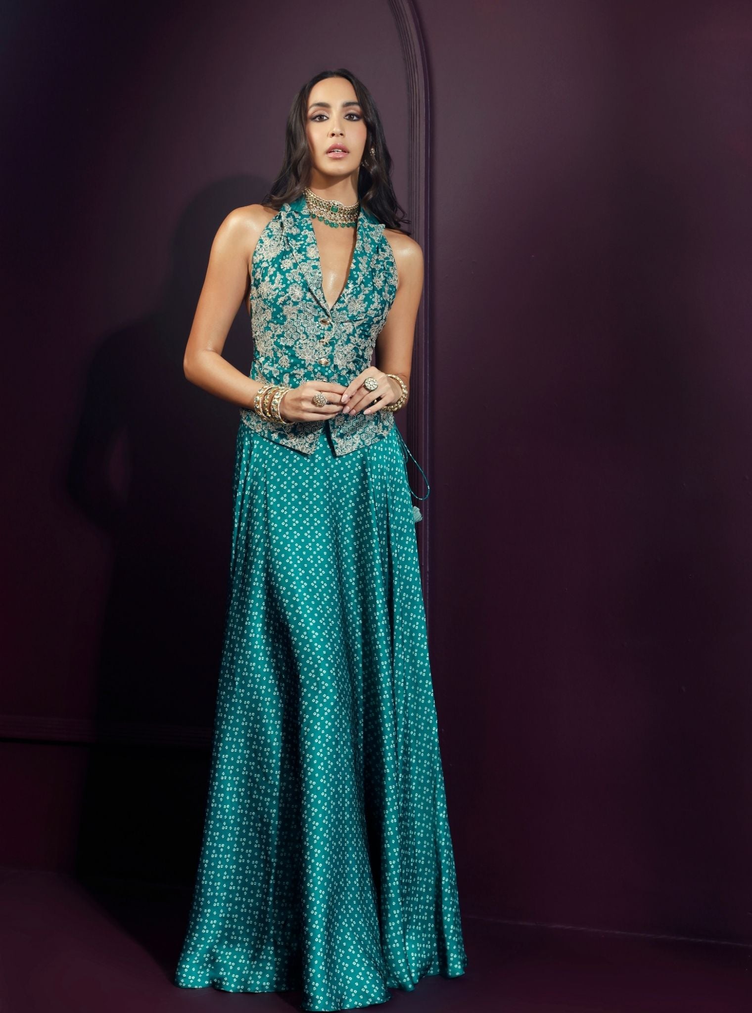 Kuhu Cupro Satin Printed Emerald Green Waistcoat with Skirt