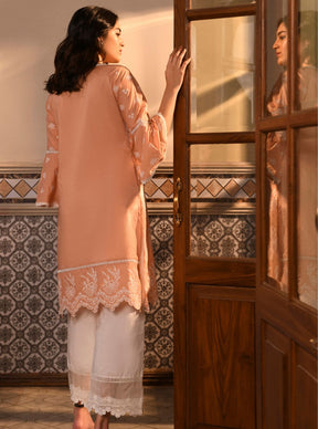 Mulmul Cotton Anisa Peach Kurta With Mulmul Cotton Floral Lace Flared White Pant