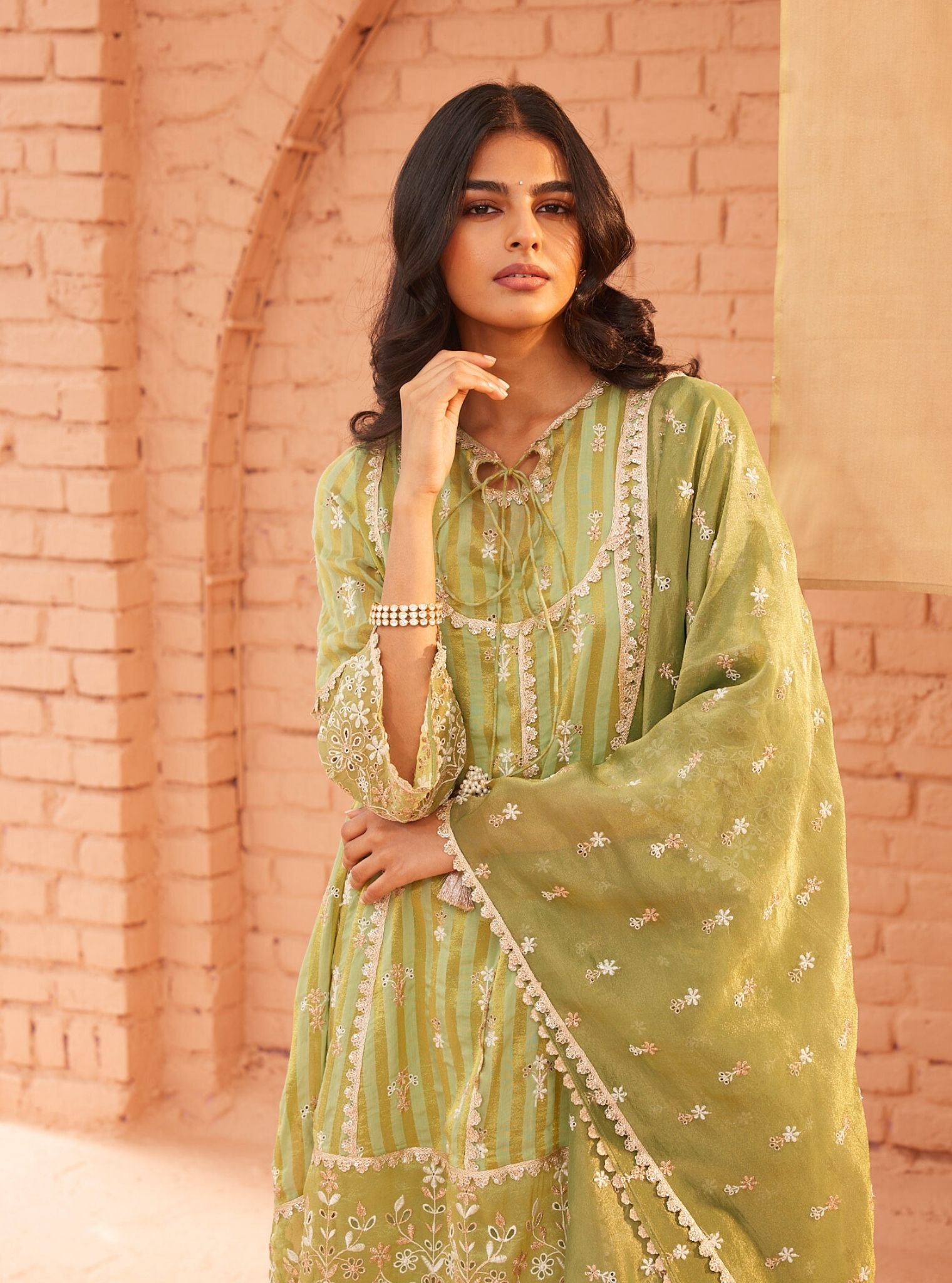 Bridget Banarsi Green Anarkali Kurta Set