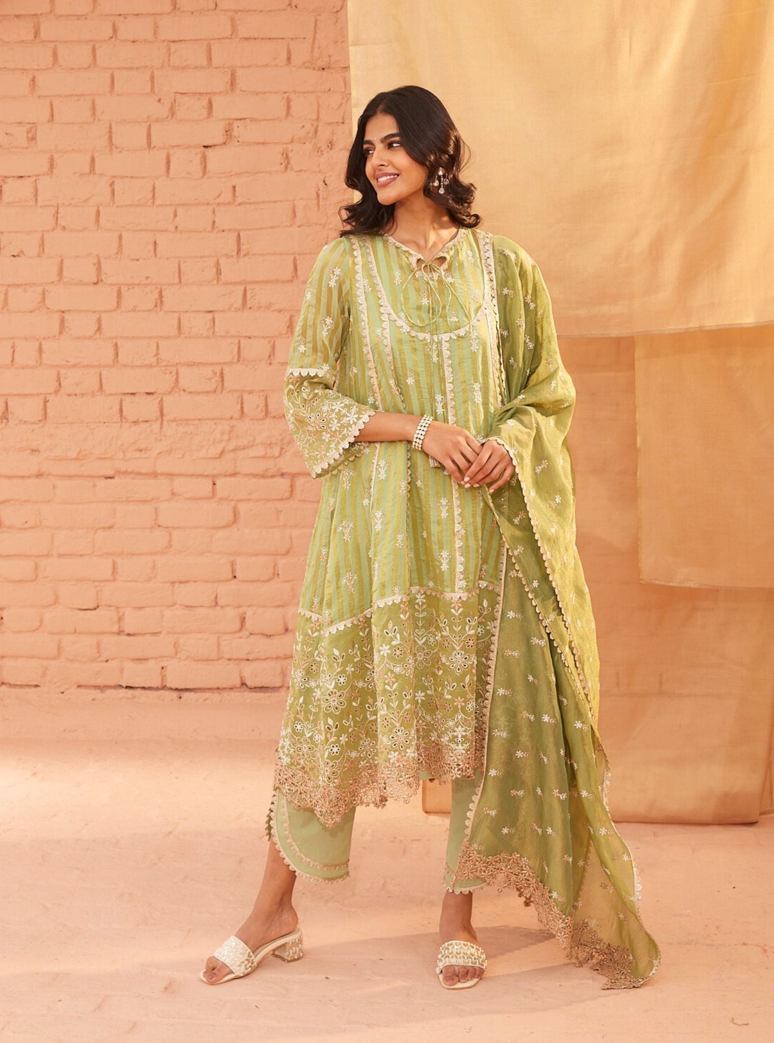 Bridget Banarsi Green Anarkali Kurta Set