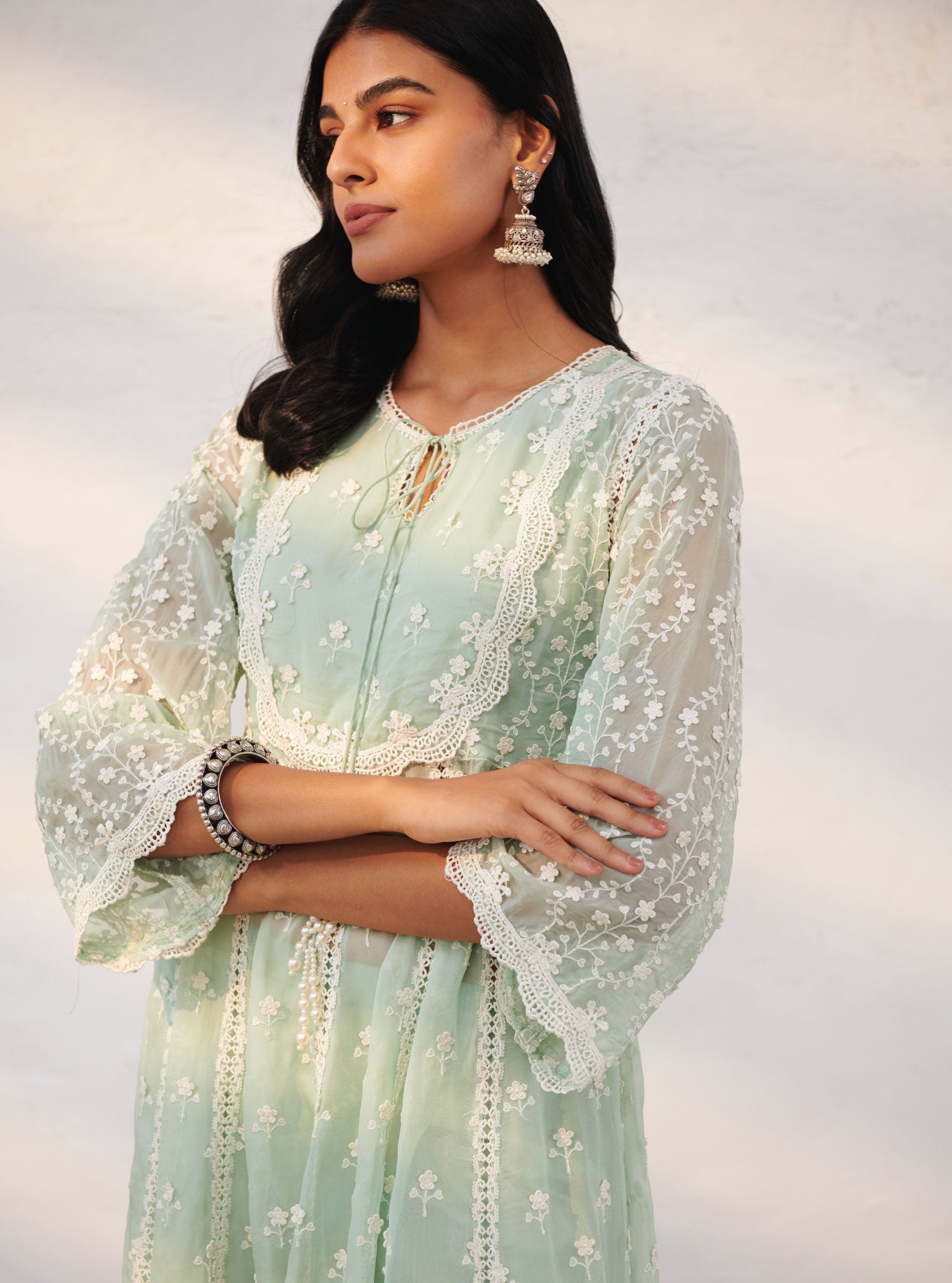 Sussex Organza Green Anarkali Kurta Set