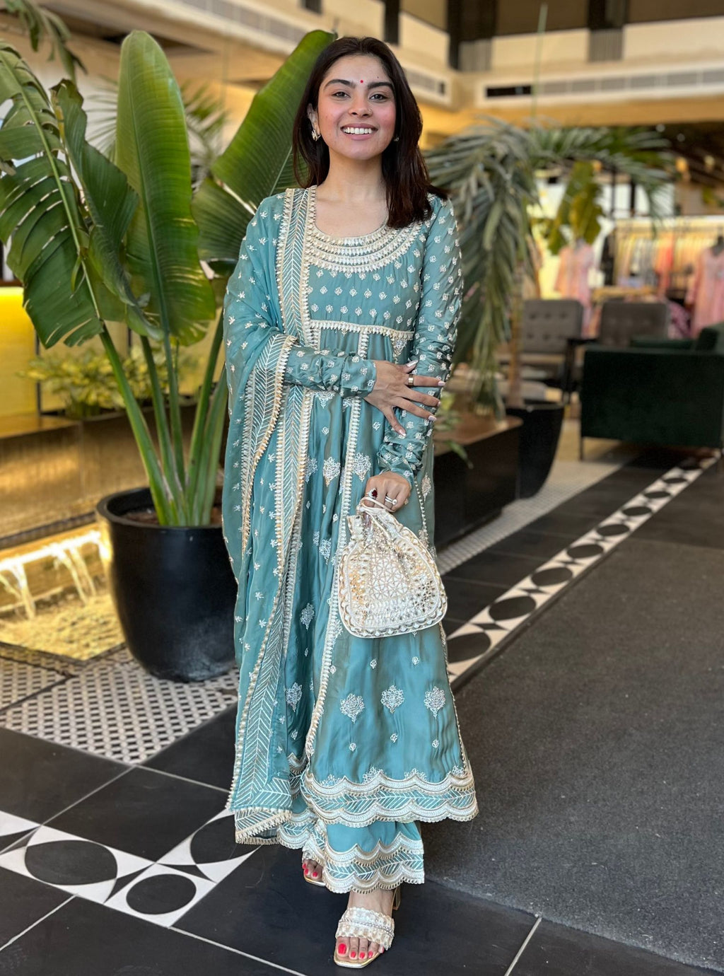 Sparkling Teal Blue Ombre Organza Ready to Wear Silk Kurti Set main image 0