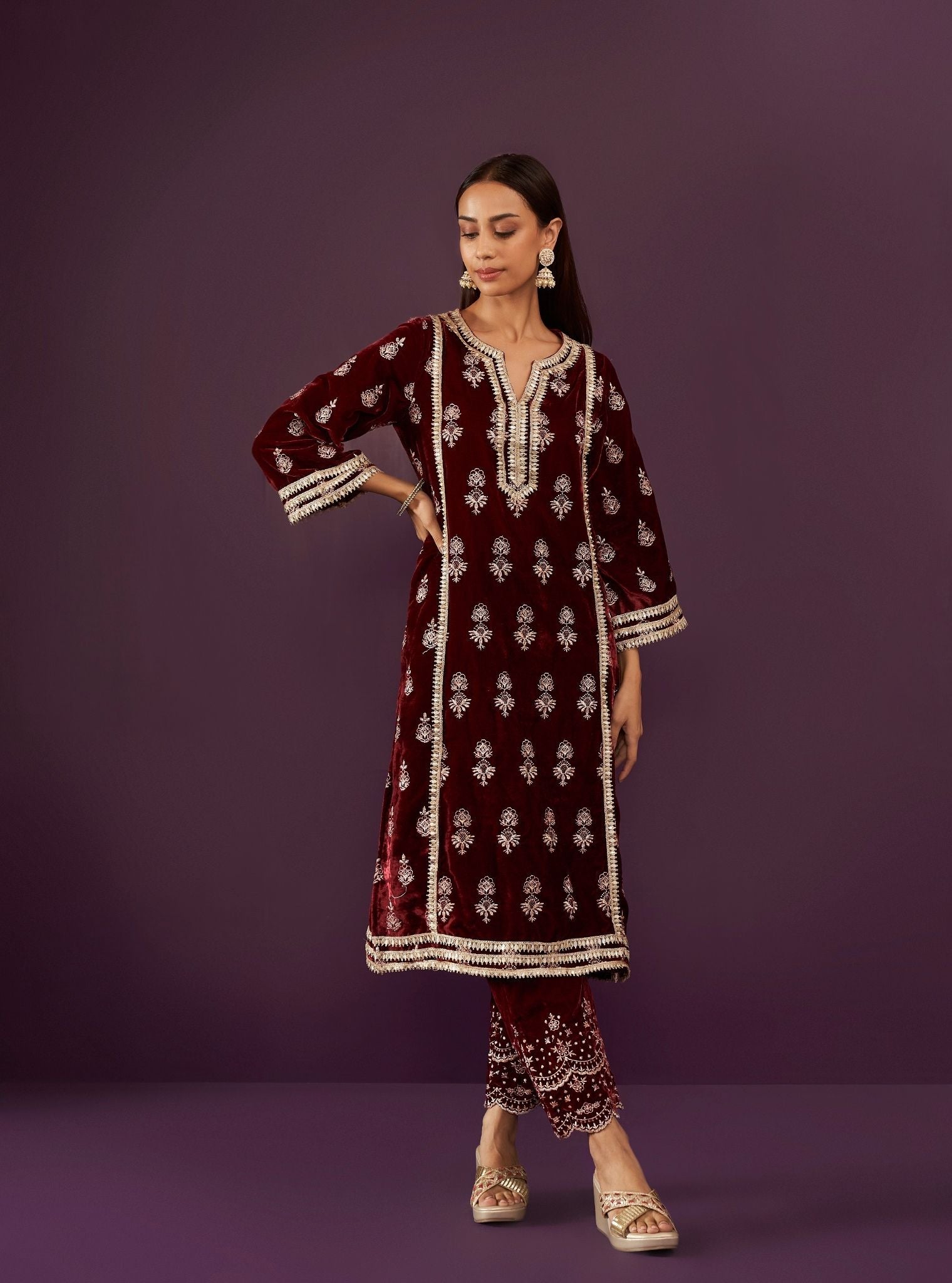 Kumani Velvet Wine Kurta Set