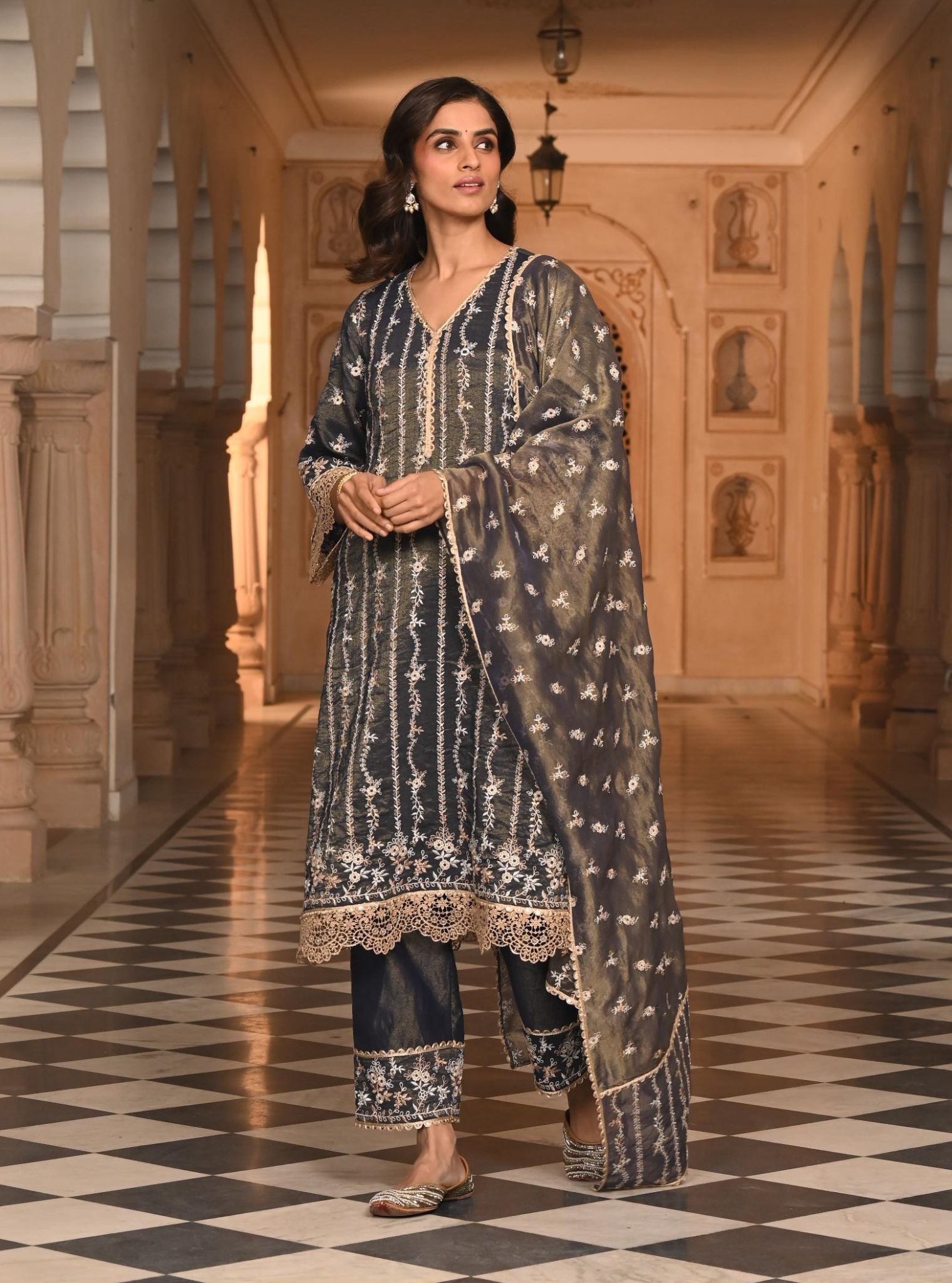 Chaleya Luxe Tissue Satin Navy Kurta Set