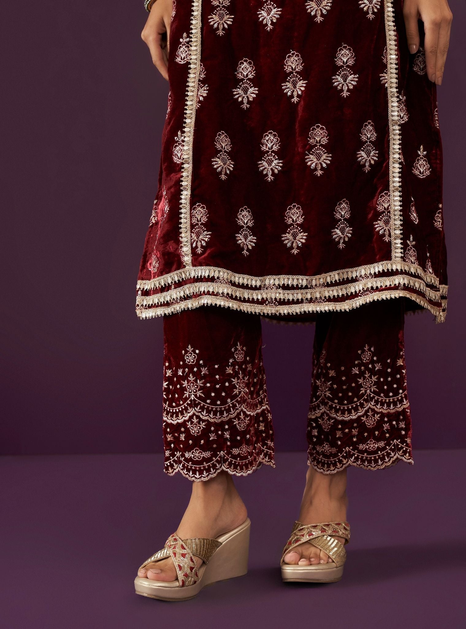 Kumani Velvet Wine Kurta Set