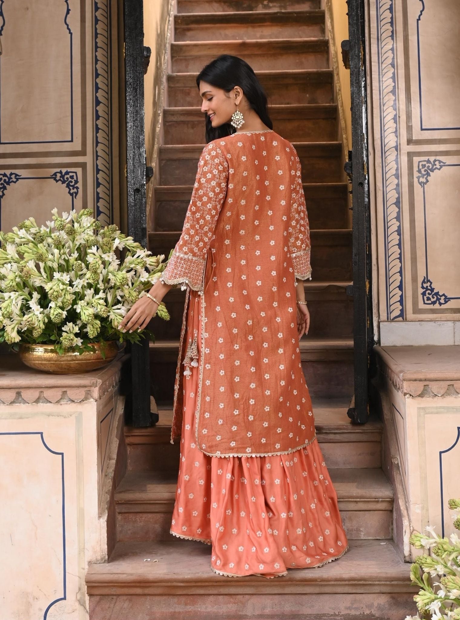 Maaeri Luxe Tissue Satin Burnt Orange Kurta with Skirt Set