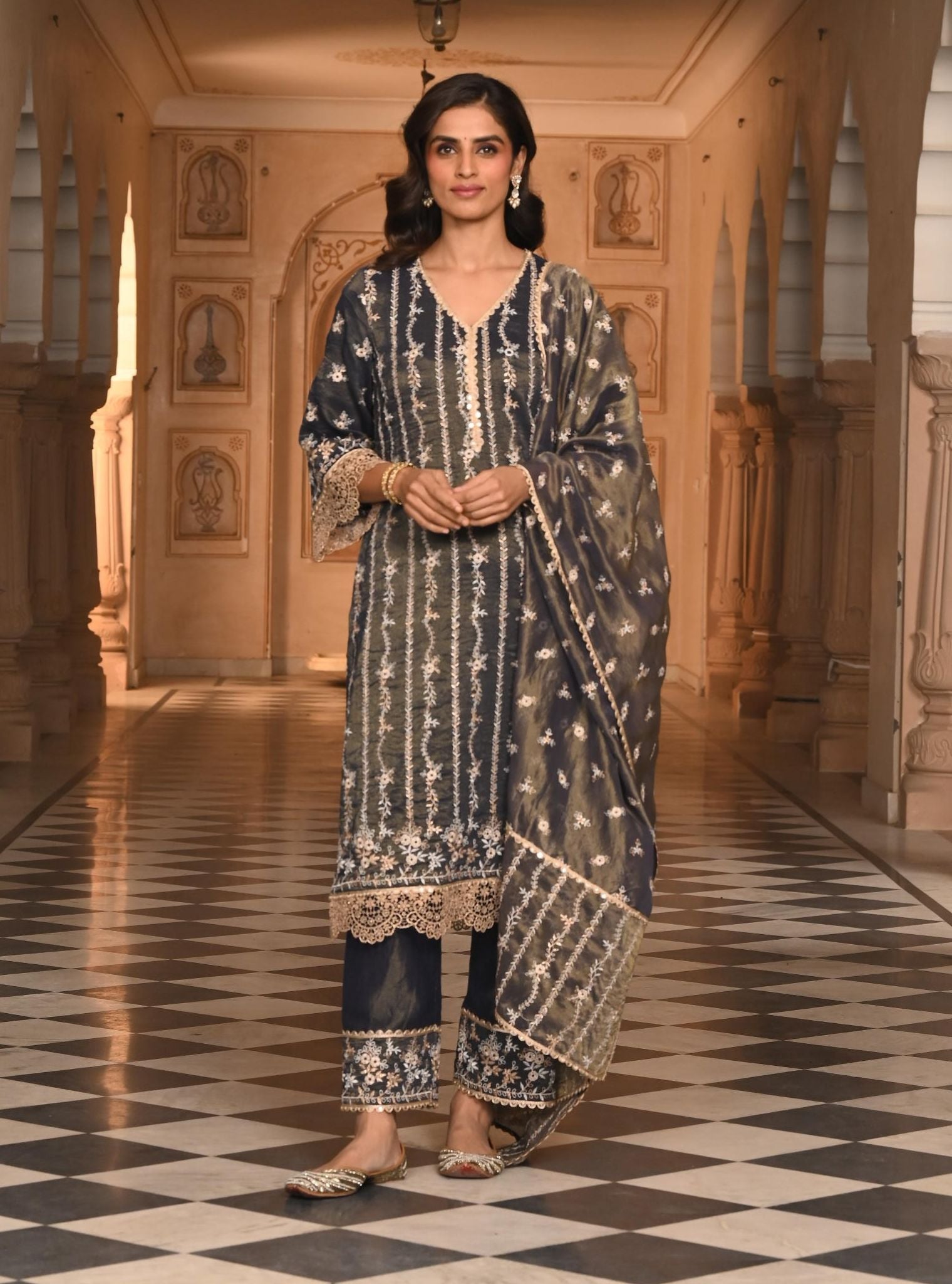 Chaleya Luxe Tissue Satin Navy Kurta Set