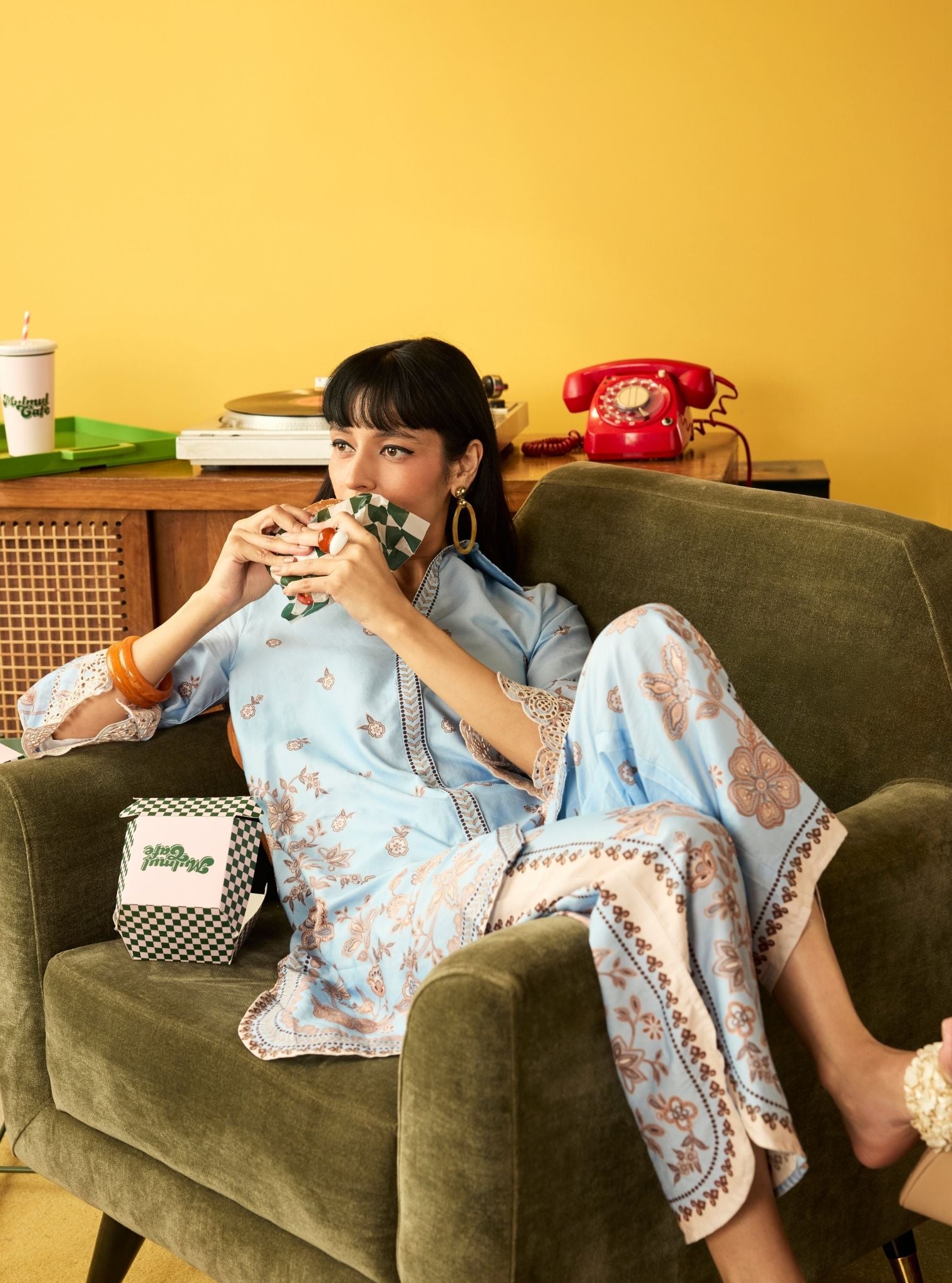 Zavi Pima Satin Blue Printed Co-ord set