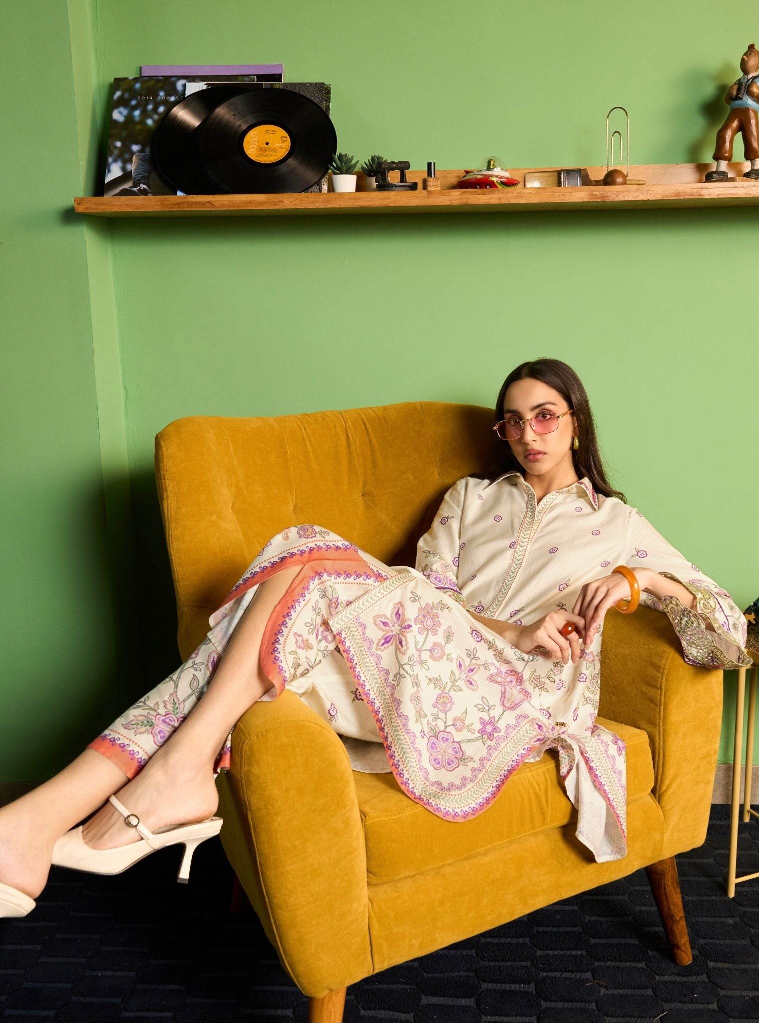 Zavi Pima Satin Off White Printed Kurta Shirt Set