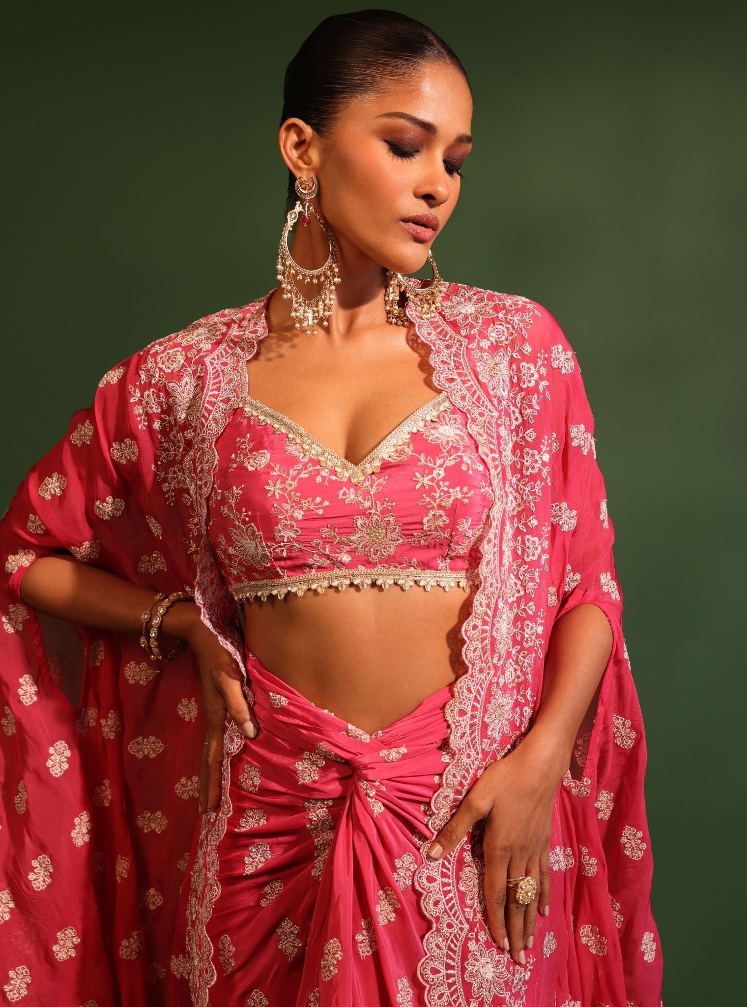 Maya Organza Fuschia Cape Shrug With Skirt