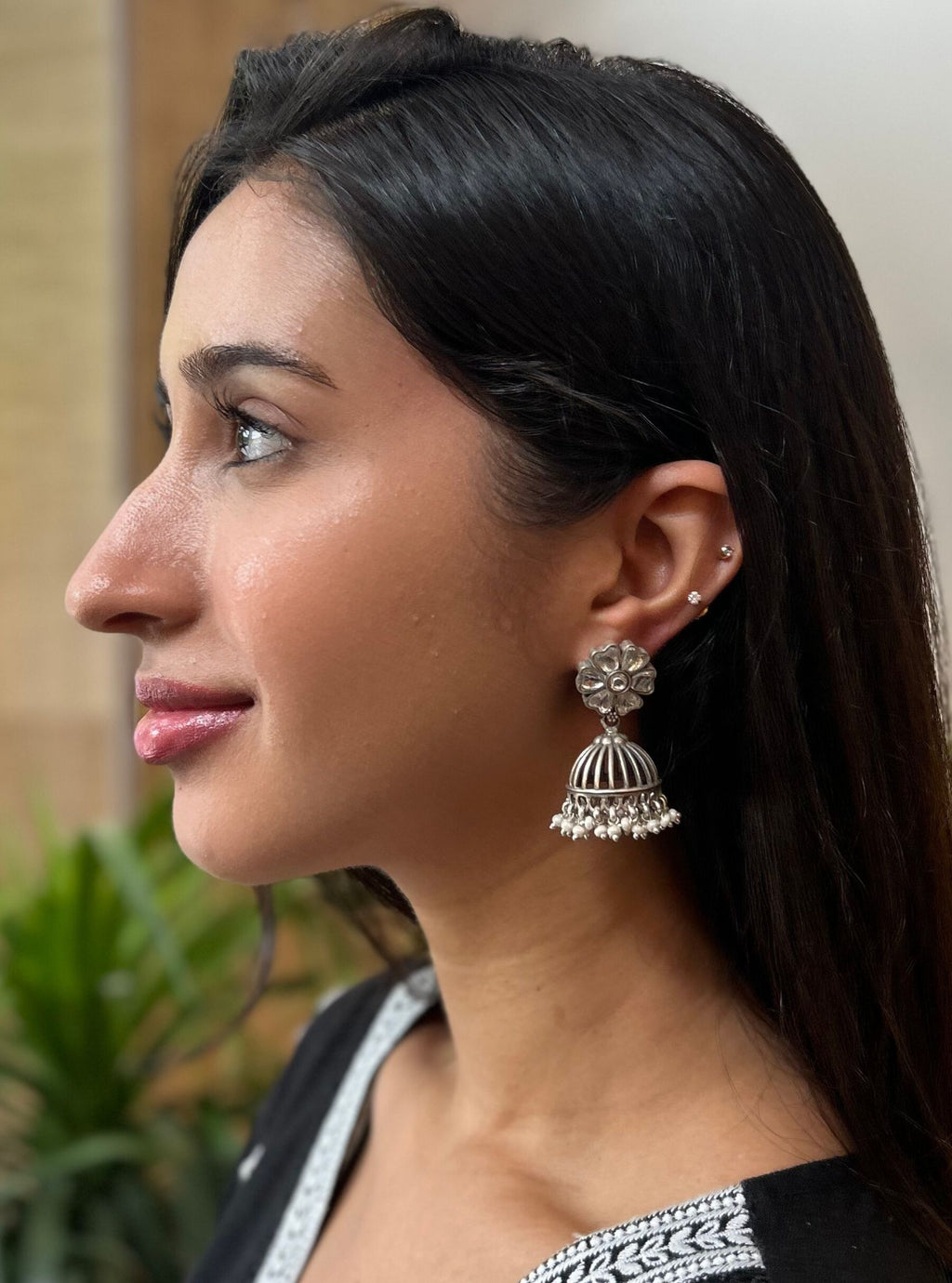 Pure Silver All White Stone Jhumki