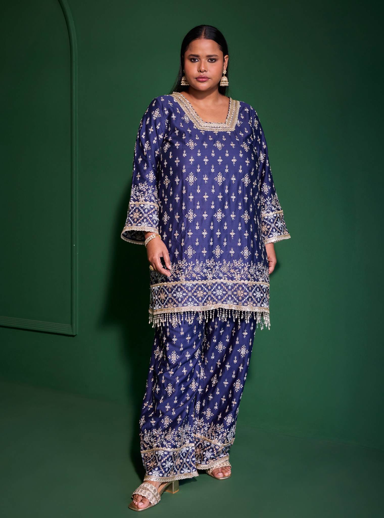 Kalander Pima Satin Navy Kurta Set