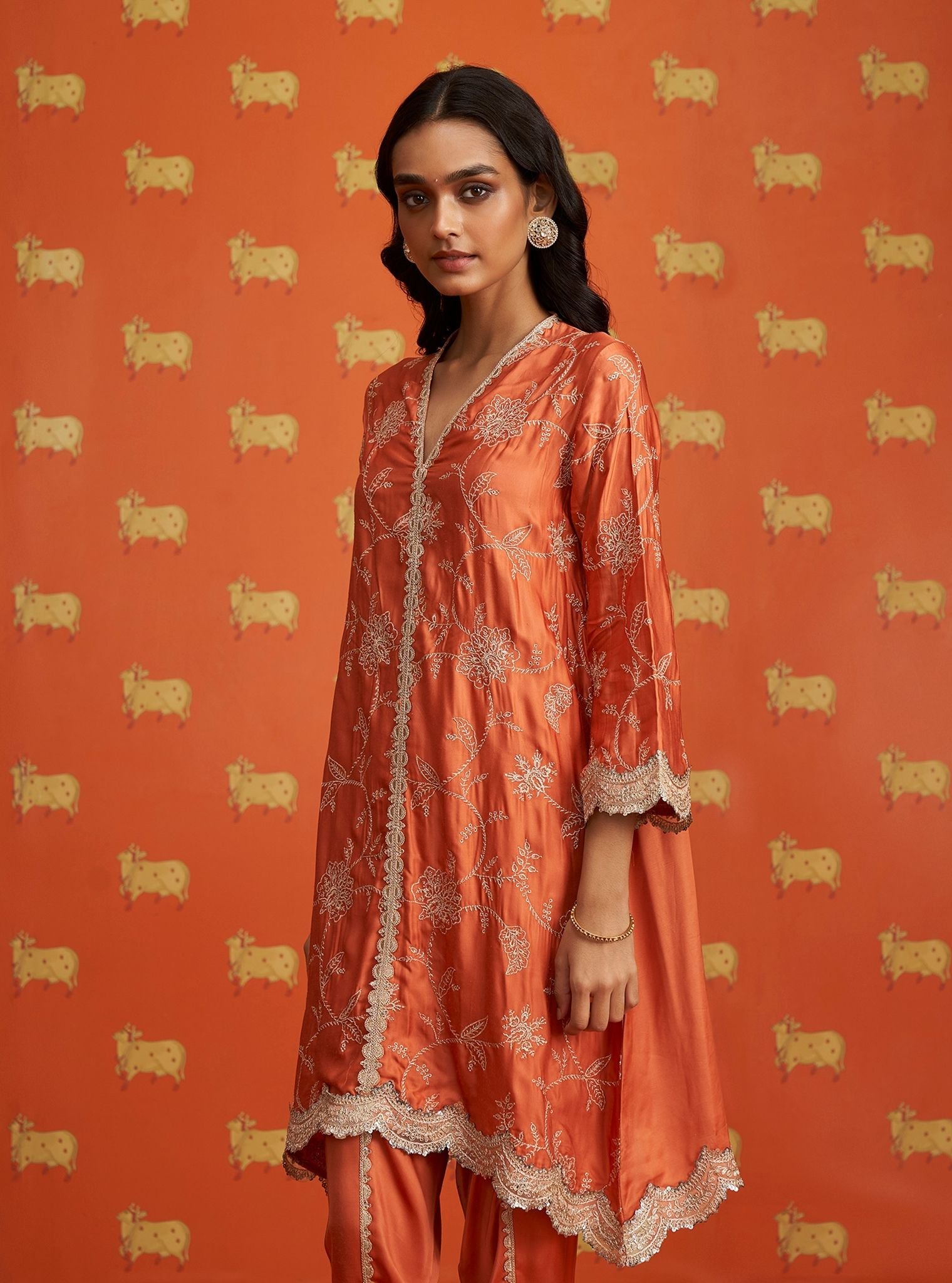 Yihwa Cupro Satin Burnt Orange Kurta Set