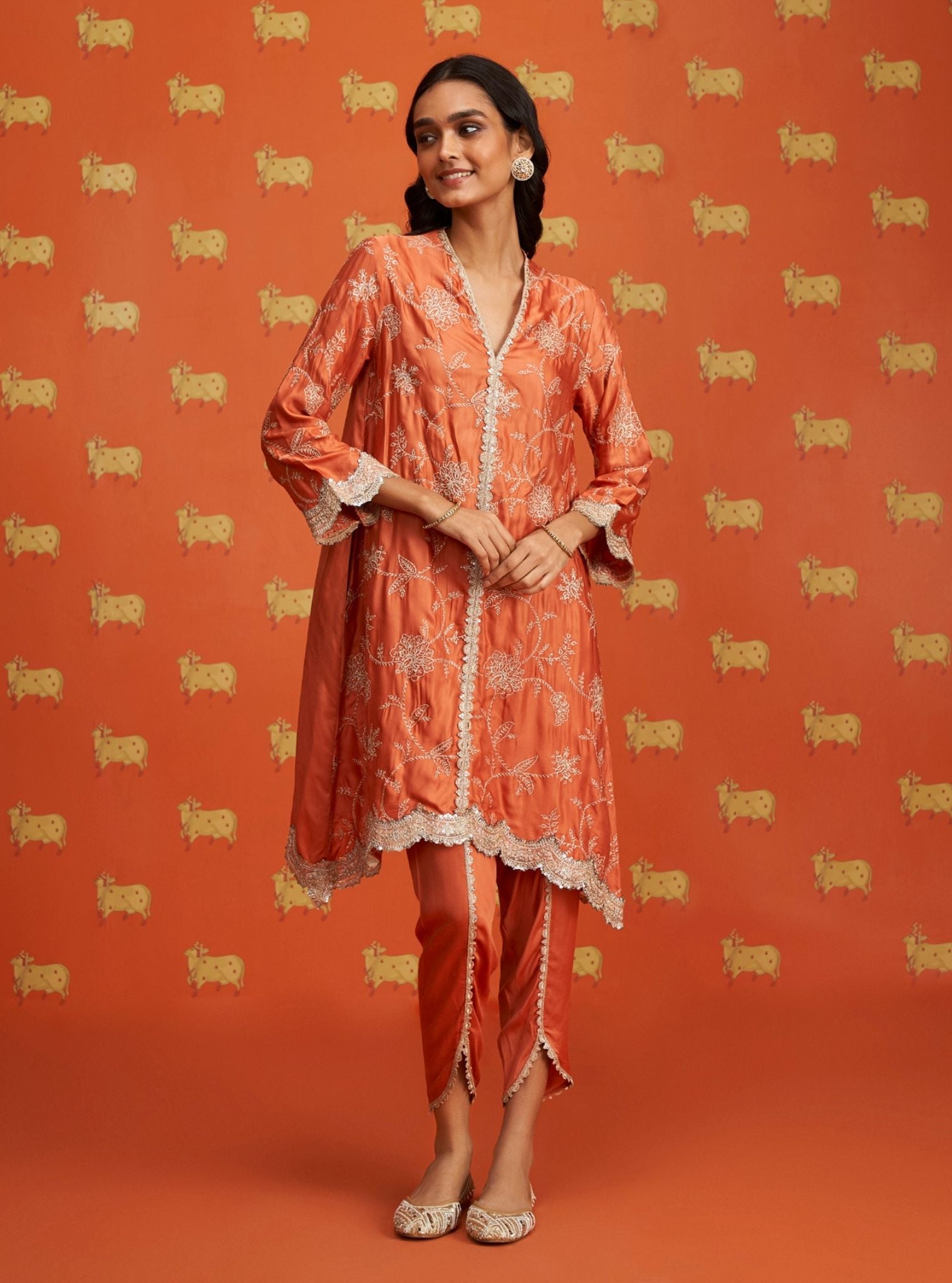 Yihwa Cupro Satin Burnt Orange Kurta Set