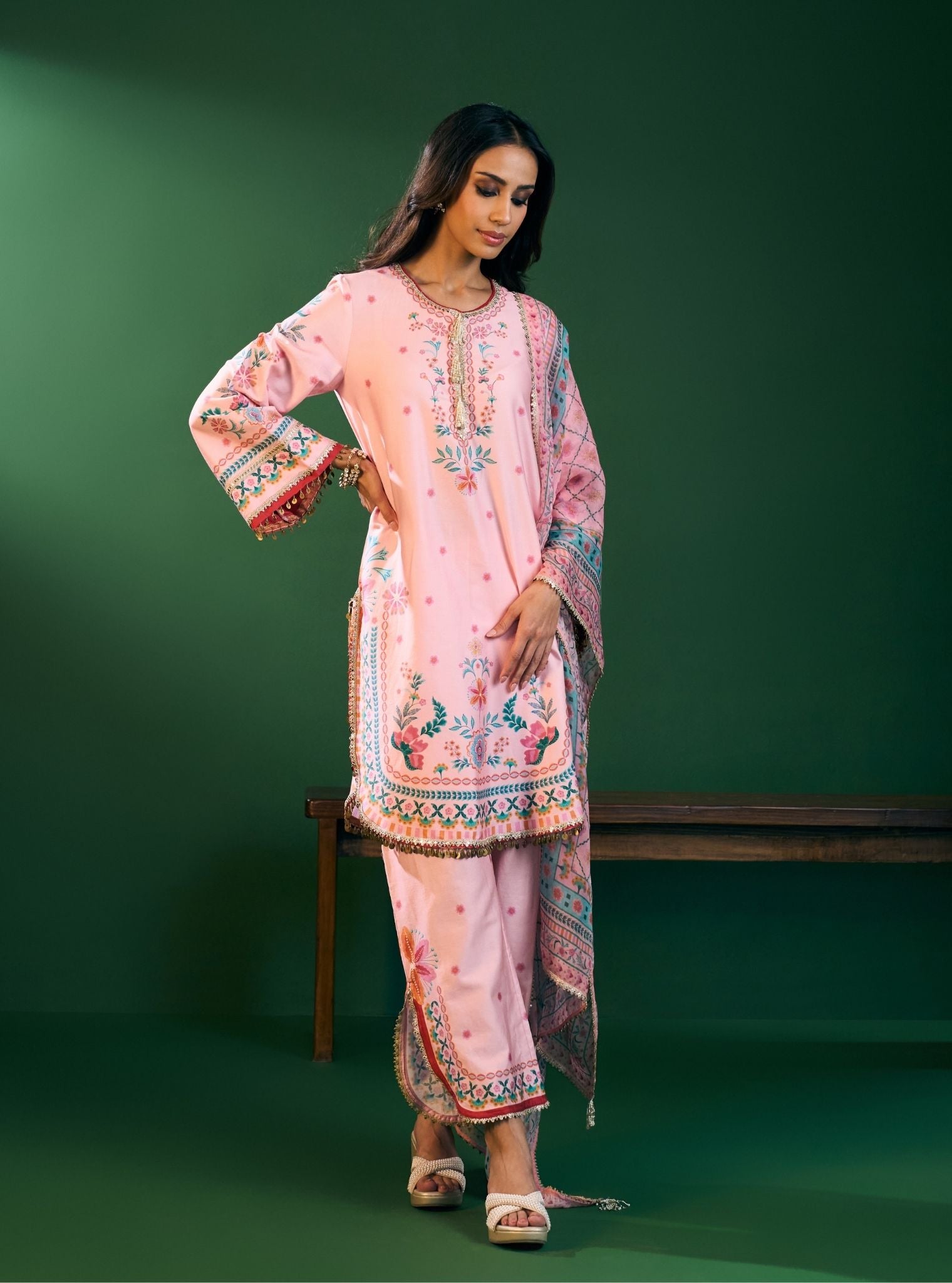 Omira Pima Satin Printed Pink Kurta Set
