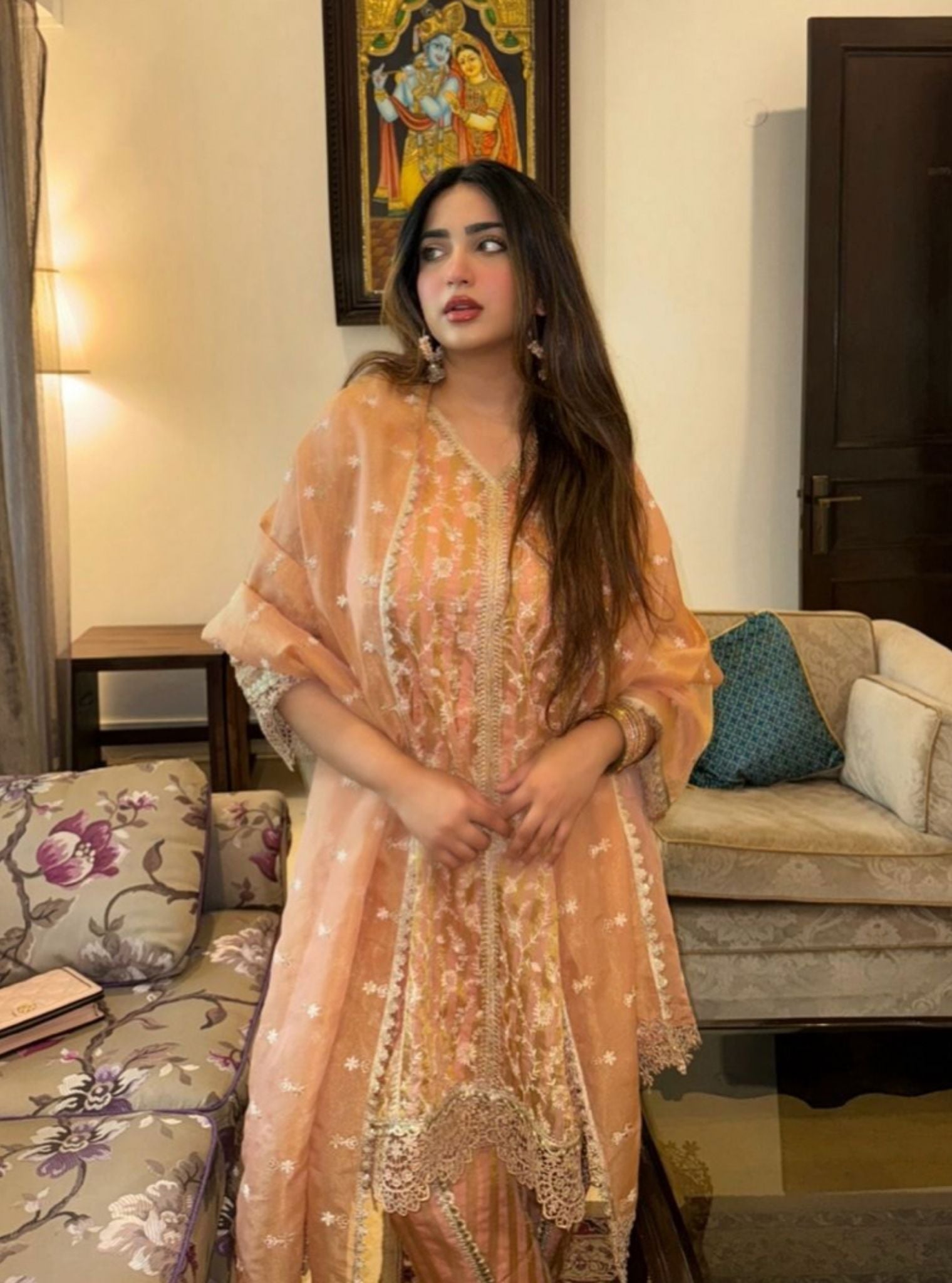 Caprina Banarsi Peach Kurta with Dhoti Pant Set