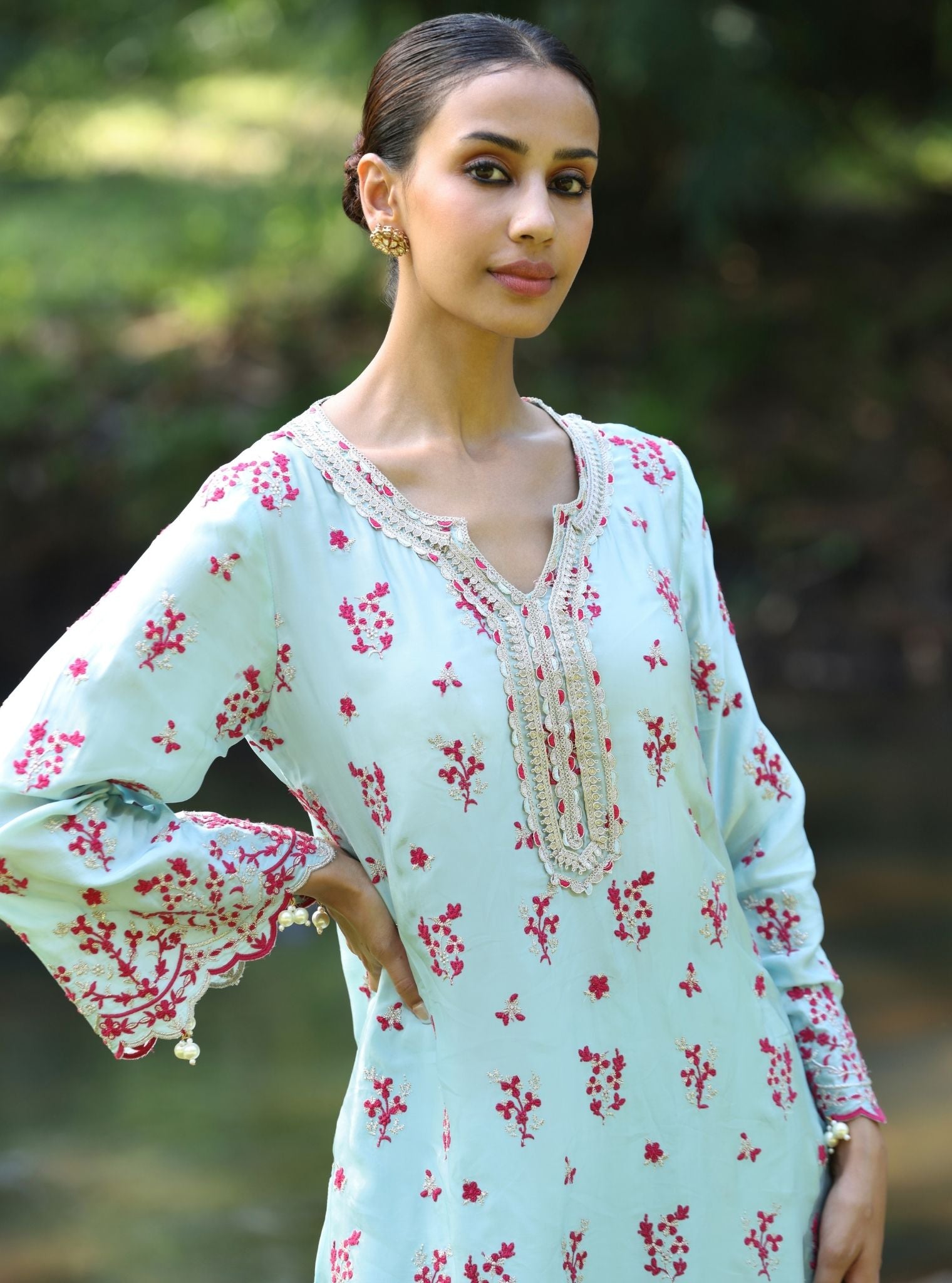 Mangalam Cupro Satin Blue Kurta Set