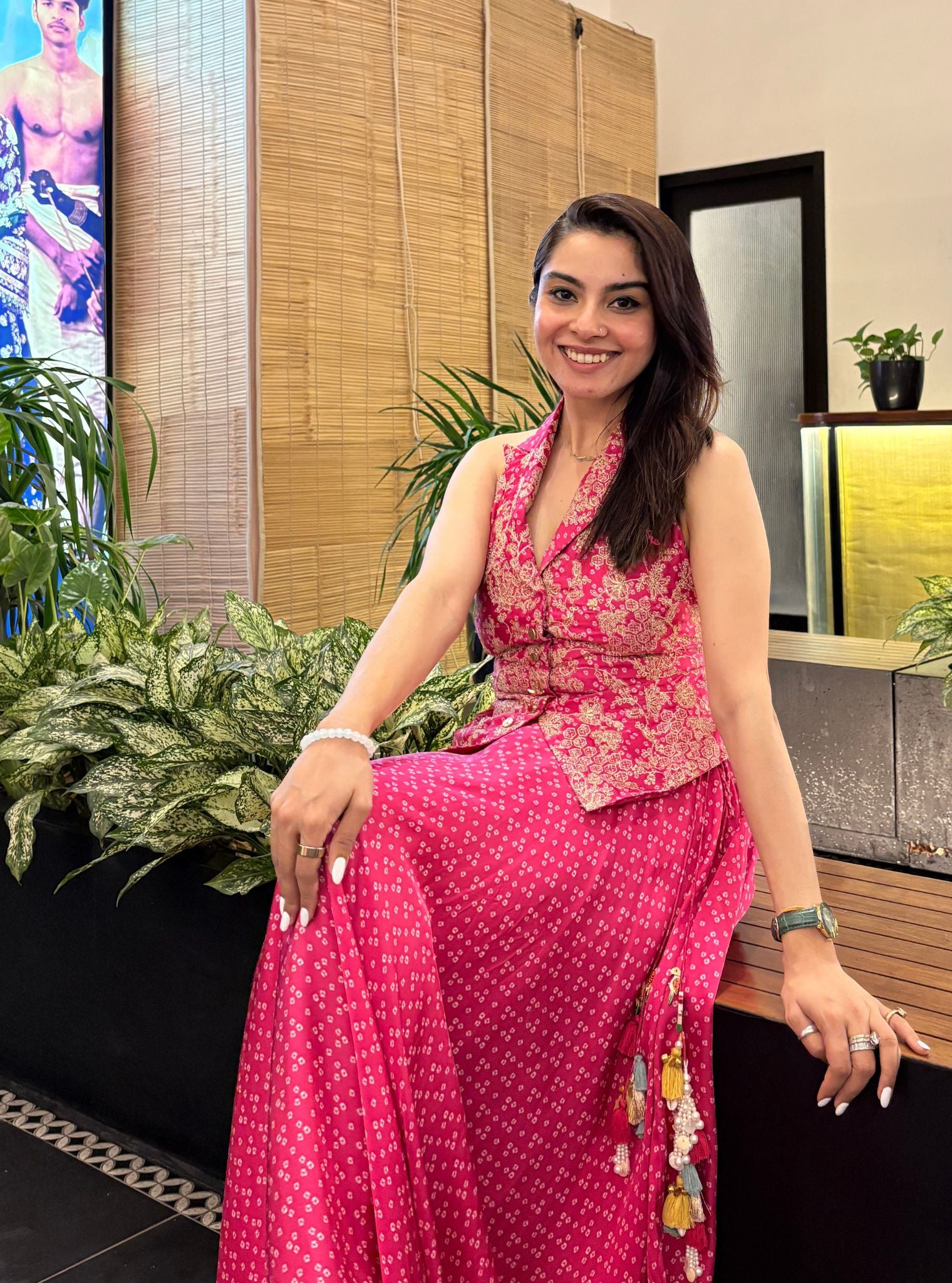 Kuhu Cupro Satin Printed Fuchsia Waistcoat with Wide Pleated Skirt