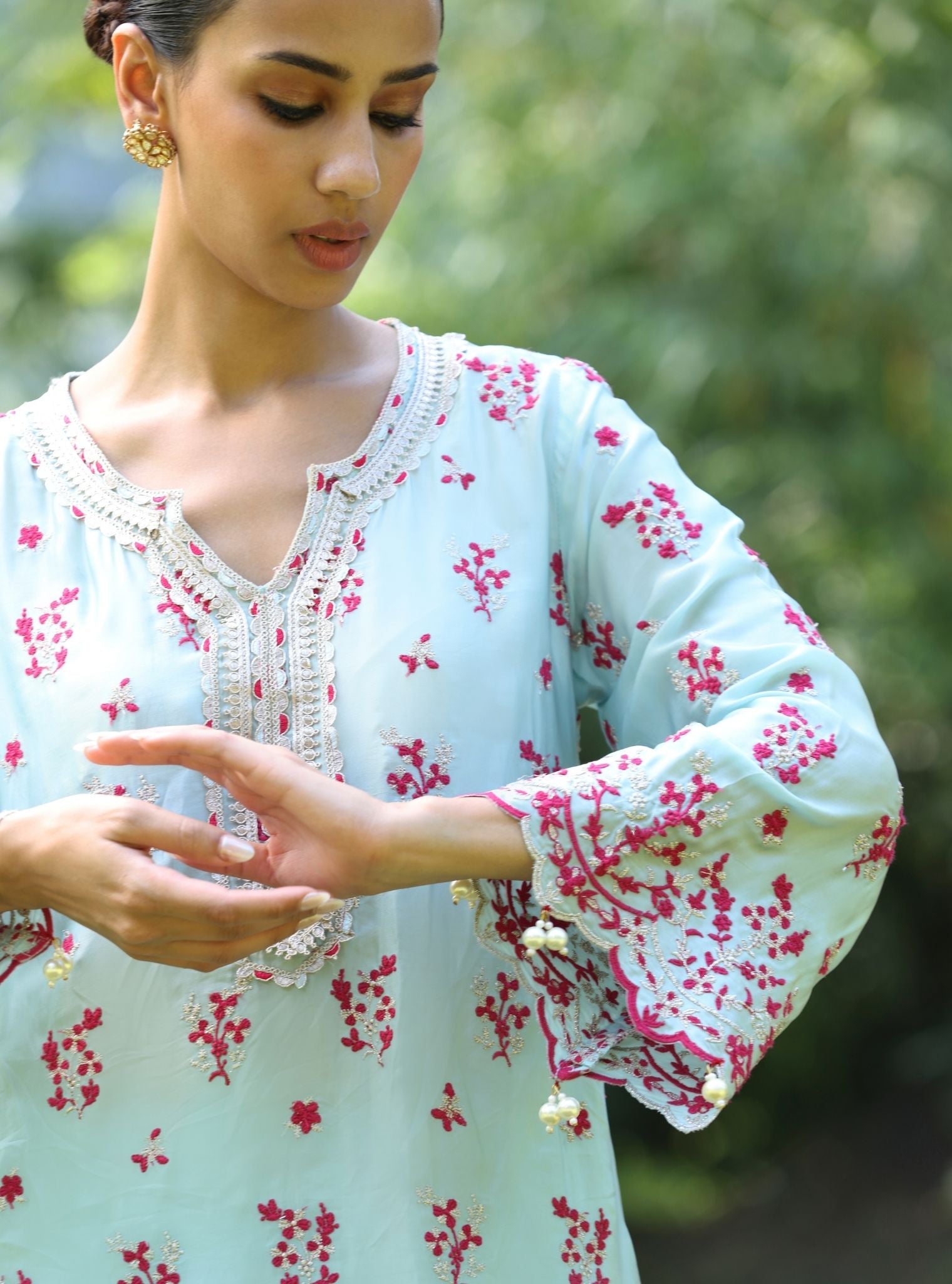 Mangalam Cupro Satin Blue Kurta Set