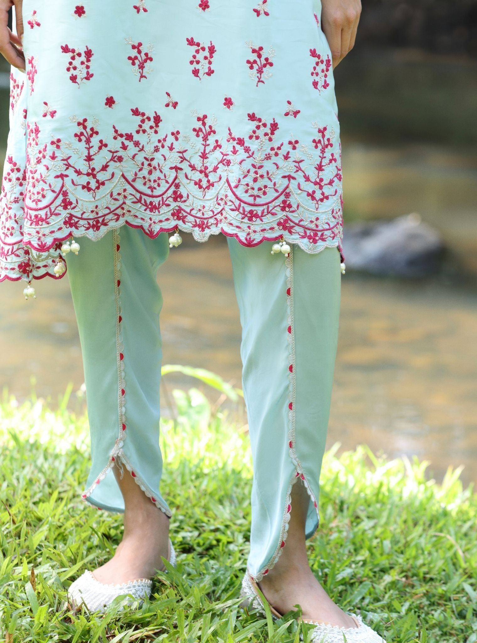 Mangalam Cupro Satin Blue Kurta Set