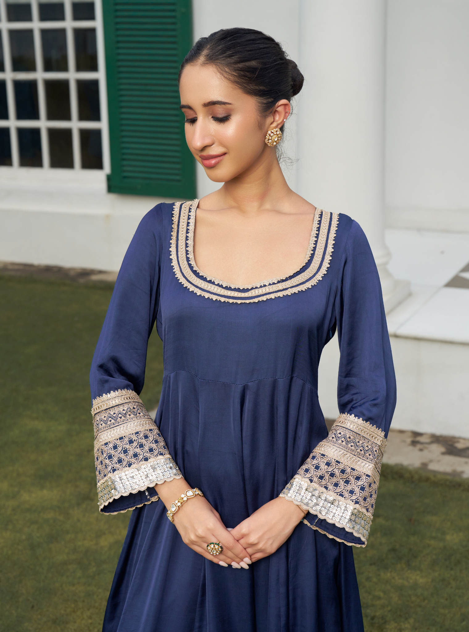 Mausami Navy Linen Satin Anarkali Kurta Set