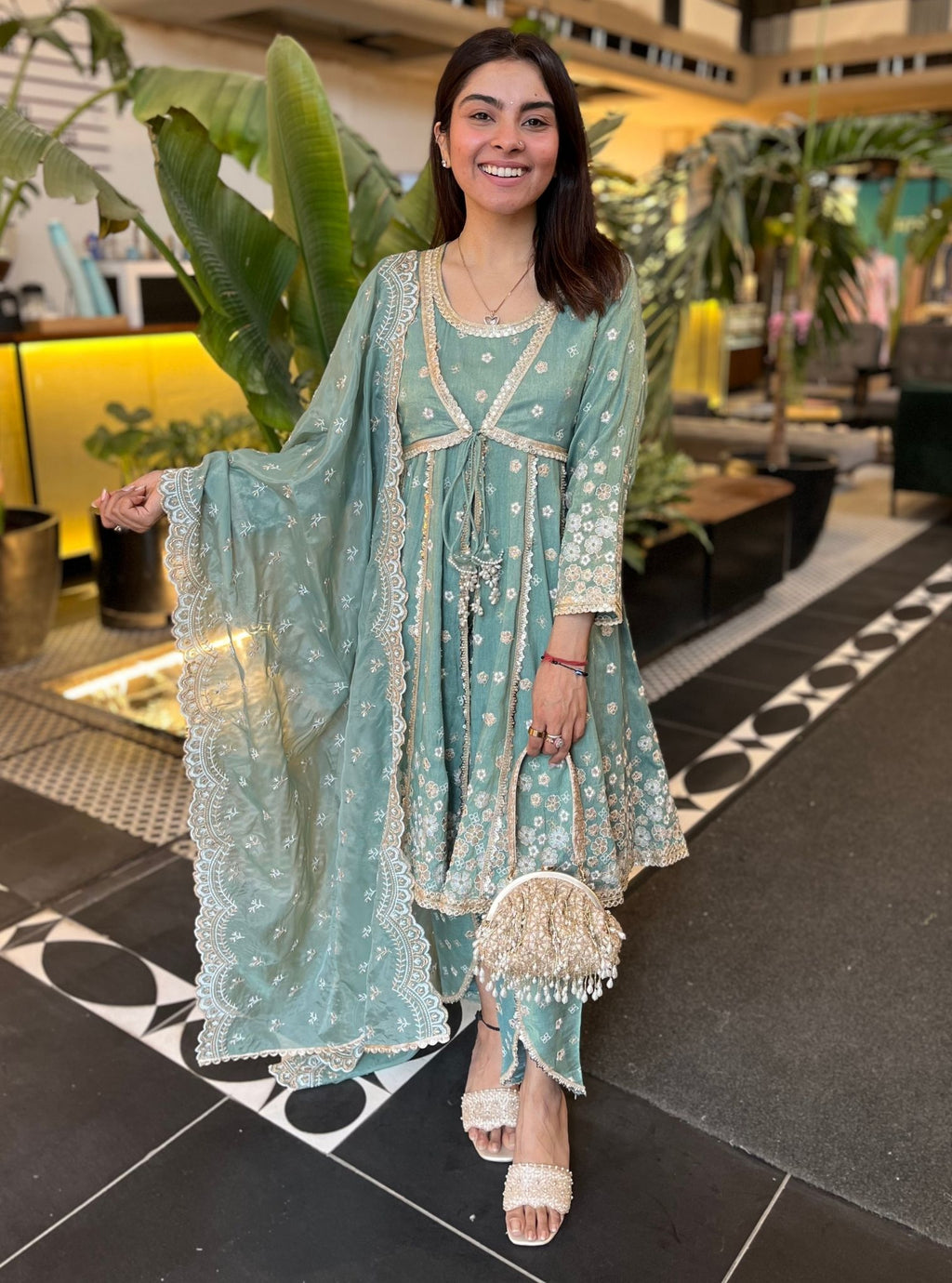 Sajeya Tissue Satin Lilac Anarkali Kurta Set