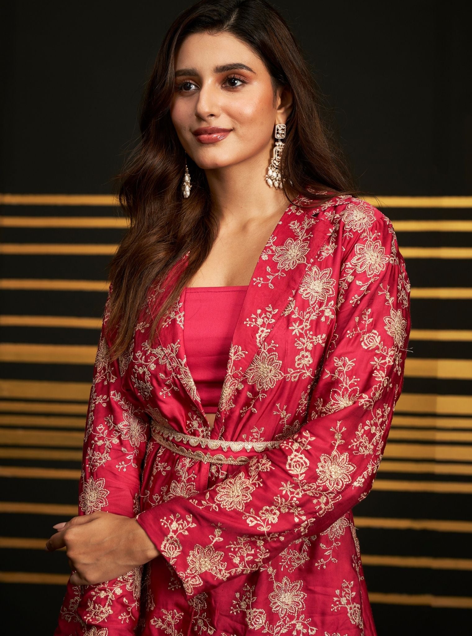 Saadgi Cupro Satin Fuschia Top Set