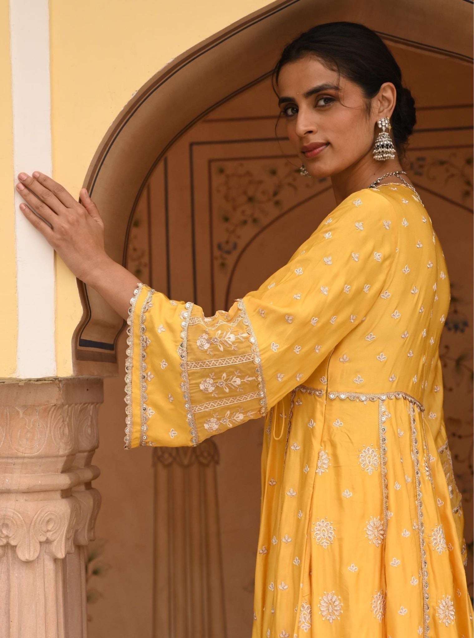 Chaiyya Modal Satin Yellow Anarkali Kurta Set