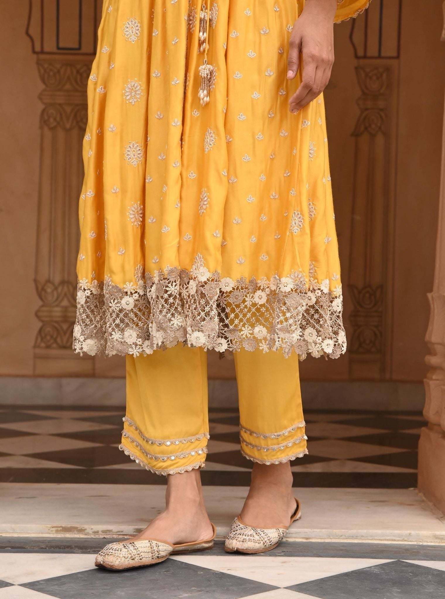 Chaiyya Modal Satin Yellow Anarkali Kurta Set