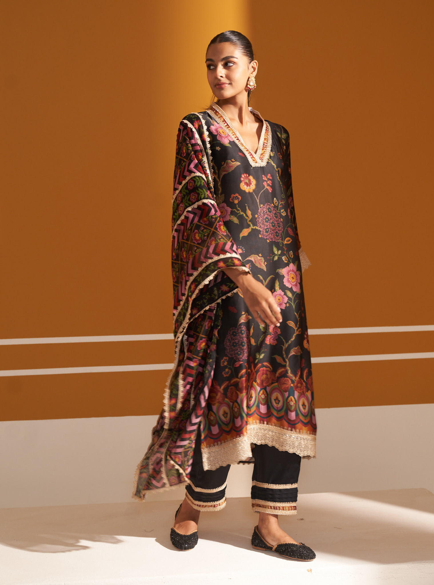 Diantha Cupro Satin Printed Black Kurta Set
