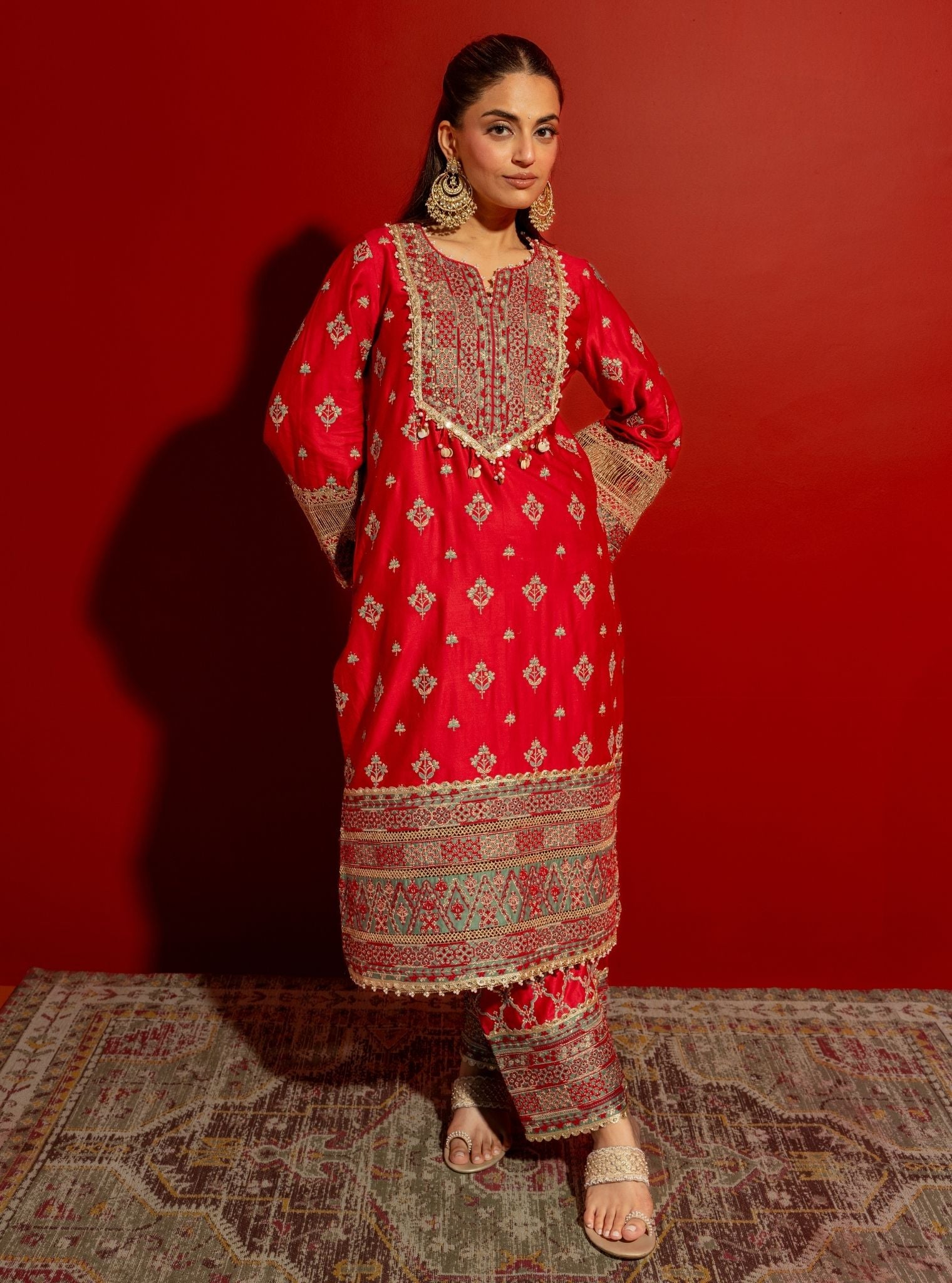 Shagun Pima Satin Red Kurta Set