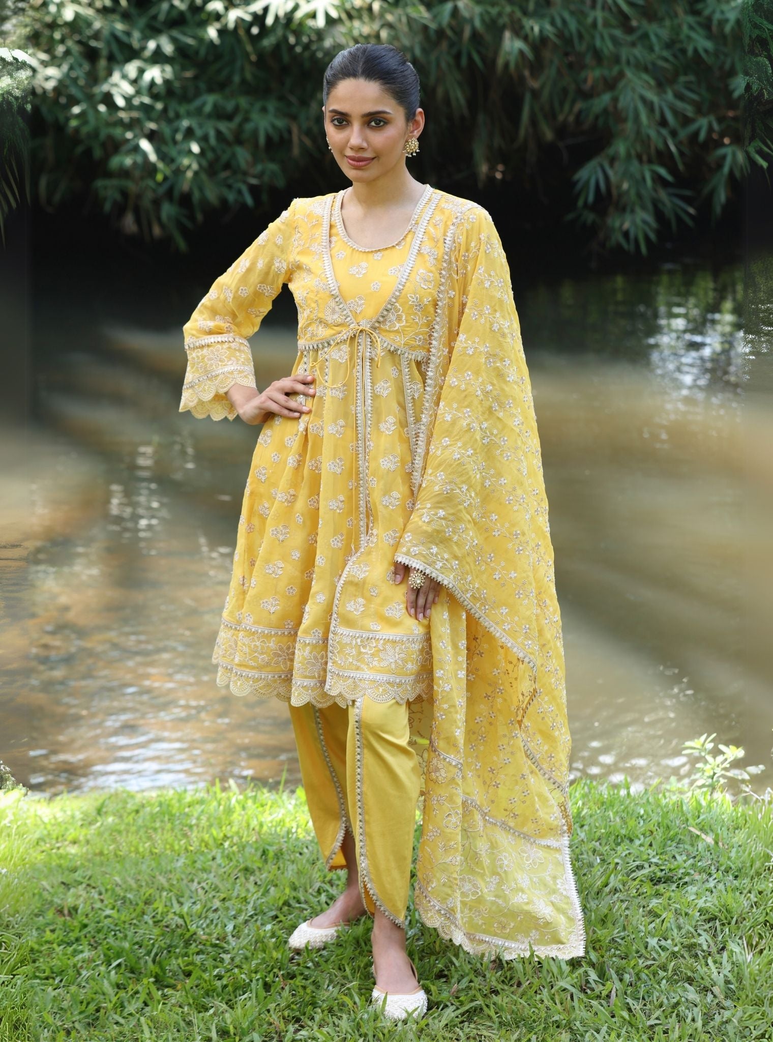 Gaatha Organza Yellow Short Anarkali Kurta Set