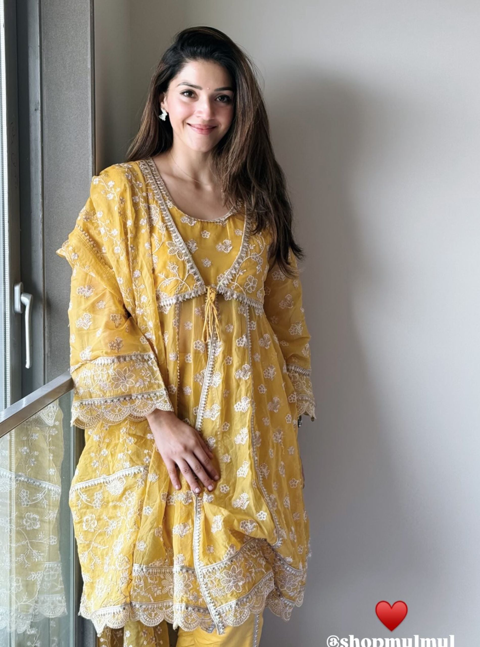 Gaatha Organza Yellow Short Anarkali Kurta Set