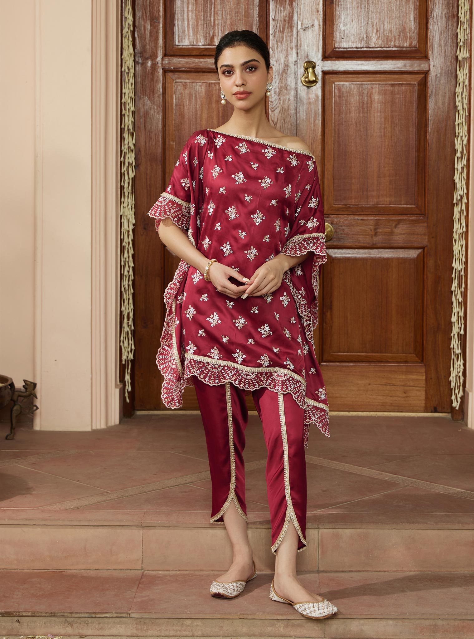 Kasuni Cupro Wine Kaftan with Dhoti Pant Set